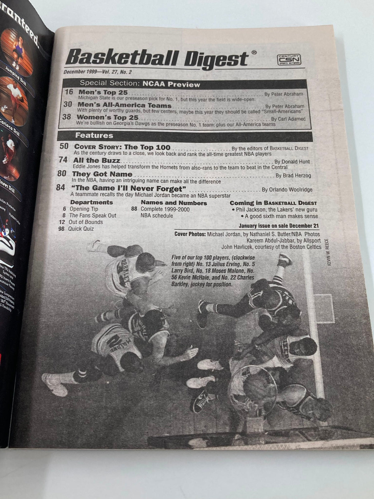 Interior page of Basketball Digest Magazine December 1999 detailing the top 100 NBA players, featuring notable players like Michael Jordan and discussions on significant basketball events.
