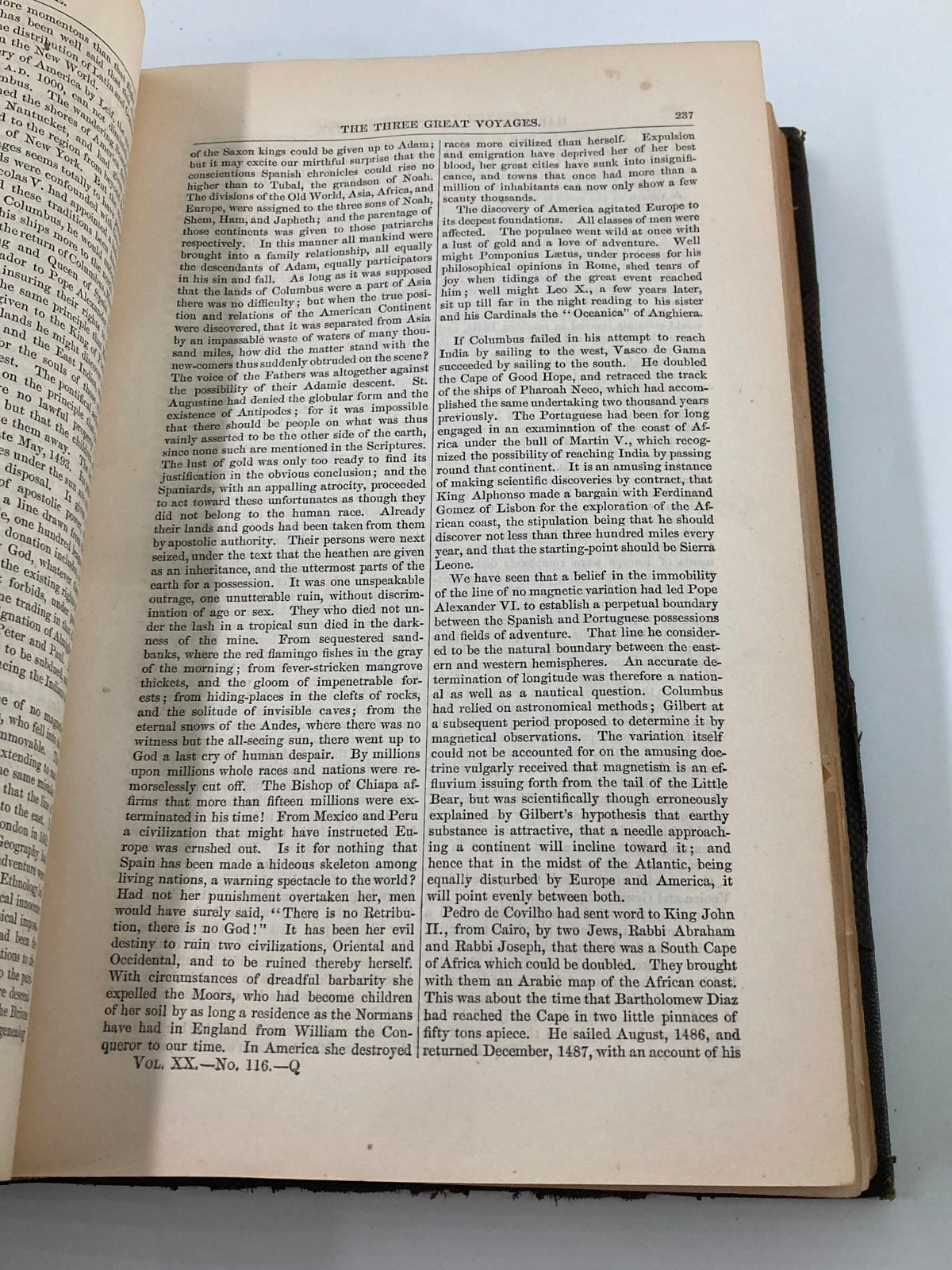 Page from VTG Harper's New Monthly Magazine Volume XX depicting 'The Three Great Voyages' with detailed text and historical commentary.