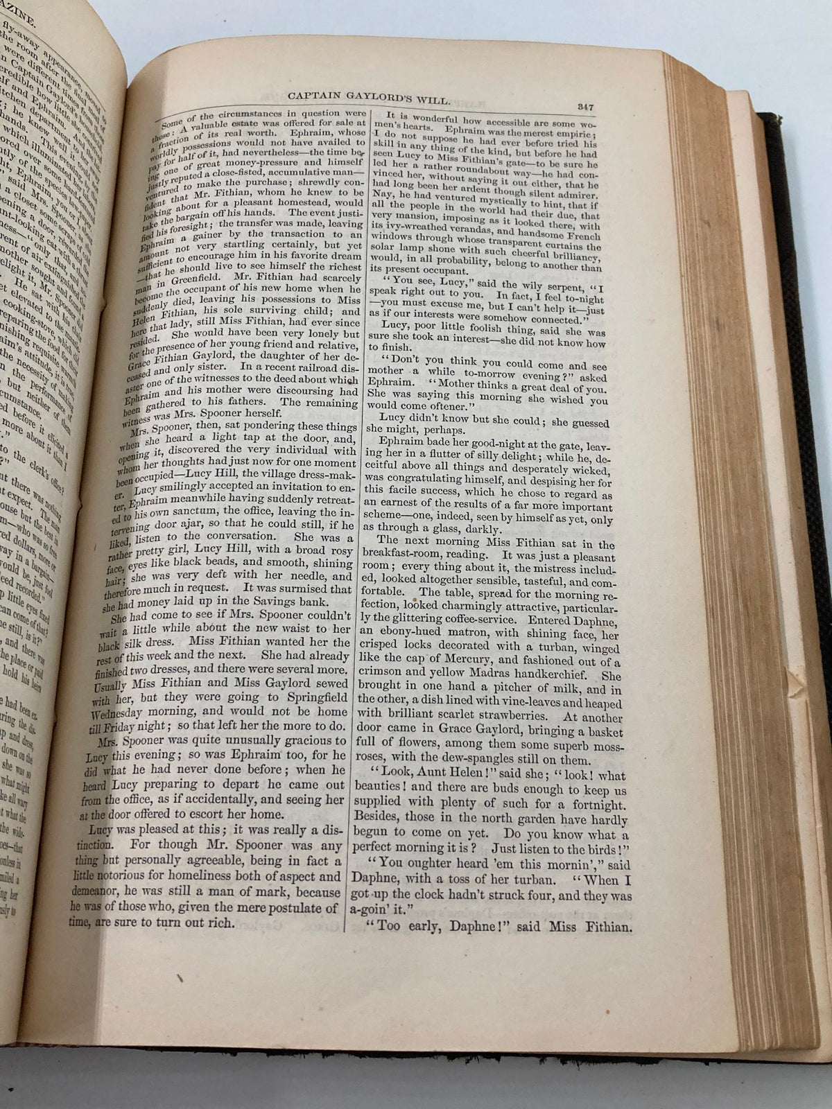 Page from VTG Harper's New Monthly Magazine Volume XX featuring 'Captain Gaylord's Will' with intricate narrative and literary style from the 19th century.