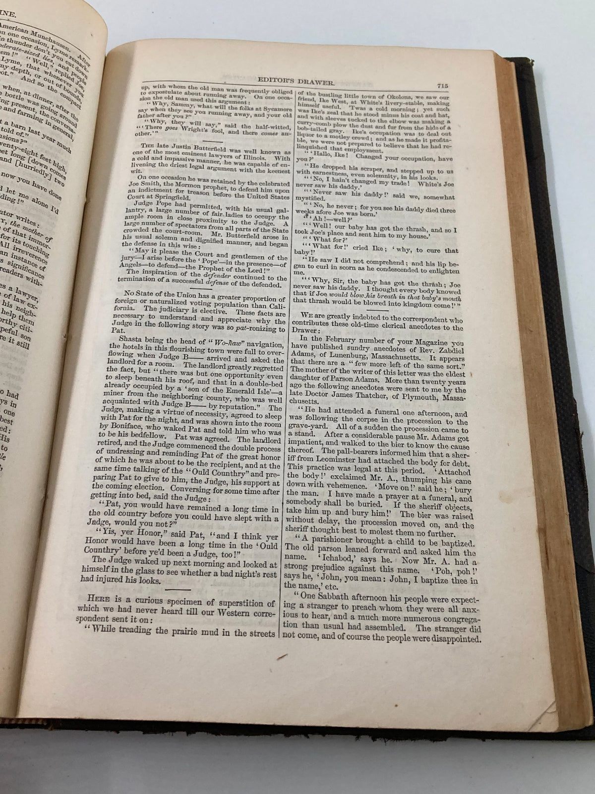 Page from VTG Harper's New Monthly Magazine Volume XX containing 'Editor's Drawer' section with engaging anecdotes and commentary reflective of the era.