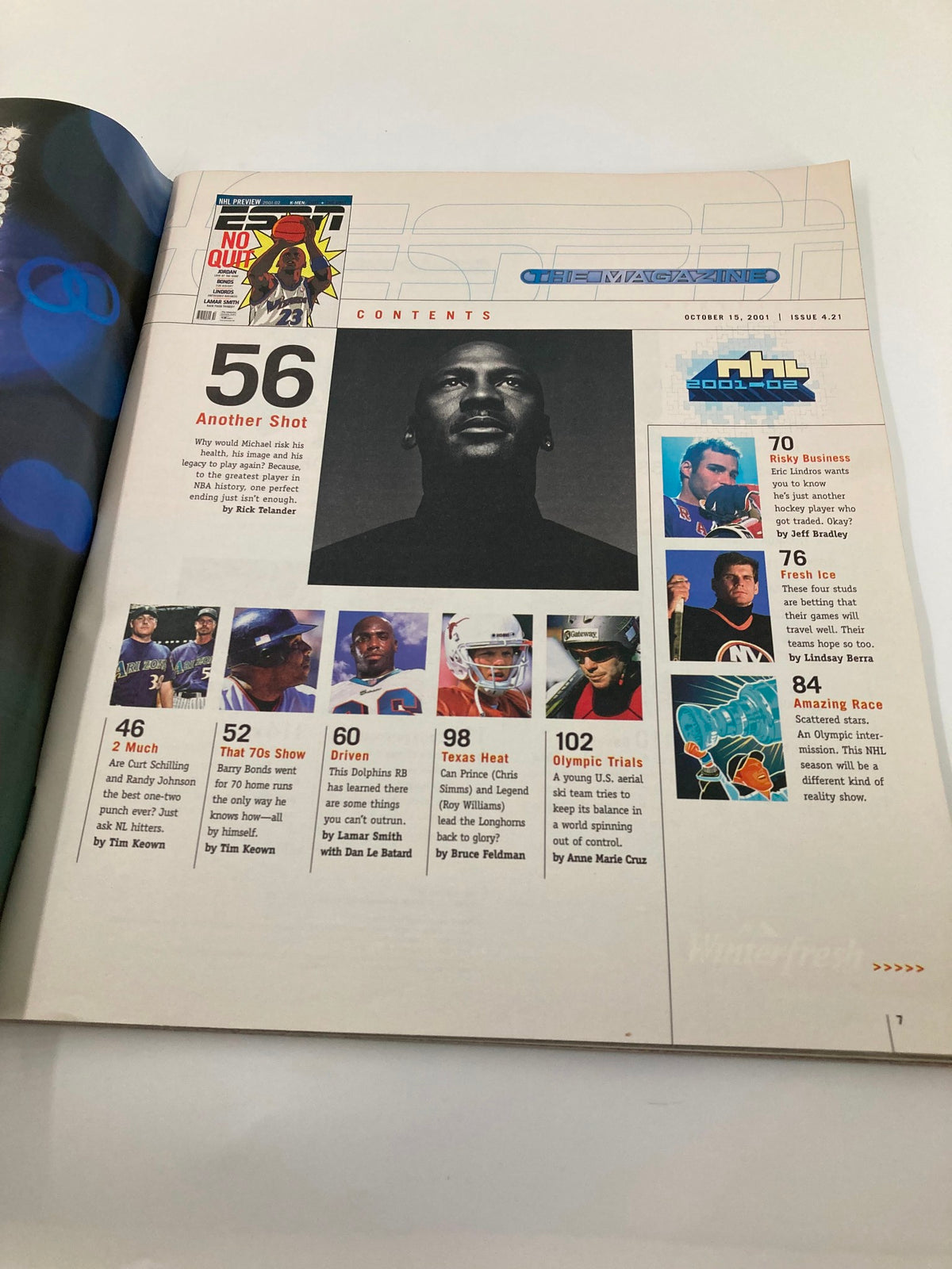 Interior page of ESPN The Magazine October 15, 2001 displaying contents, including highlights on Michael Jordan and Lamar Smith, reflecting the magazine's focus on iconic athletes and sports history.
