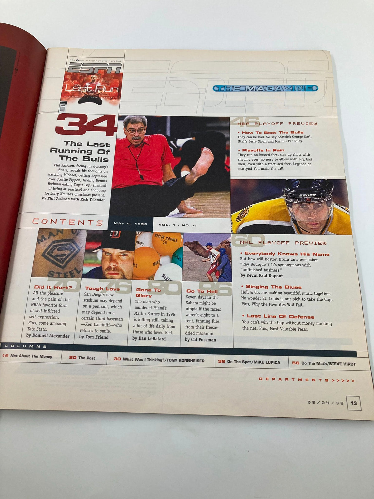 Interior page of ESPN The Magazine May 4 1998 featuring the article 'The Last Running Of The Bulls' with Phil Jackson. The layout includes headlines, images, and previews of the NBA playoffs, highlighting key figures and events in basketball.