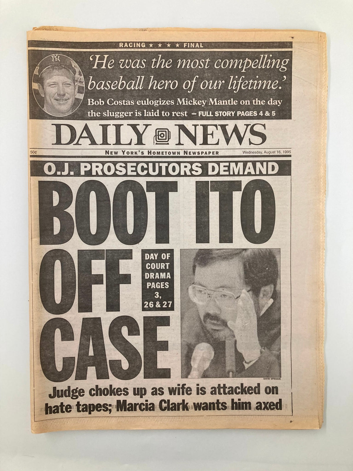 Daily News Newspaper August 16 1995 featuring Bob Costas eulogizing Mickey Mantle, with a headline about court drama and bold statements.