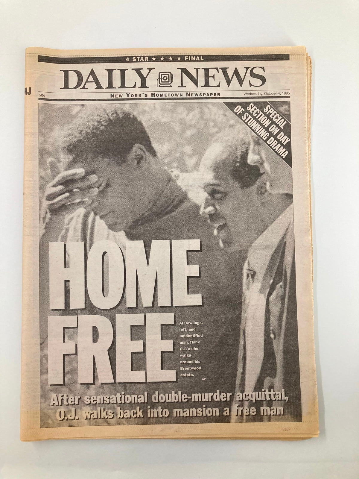 Daily News Newspaper from October 4, 1995, featuring the headline 'HOME FREE', highlighting Al Cowlings and O.J. Simpson after the double-murder acquittal.
