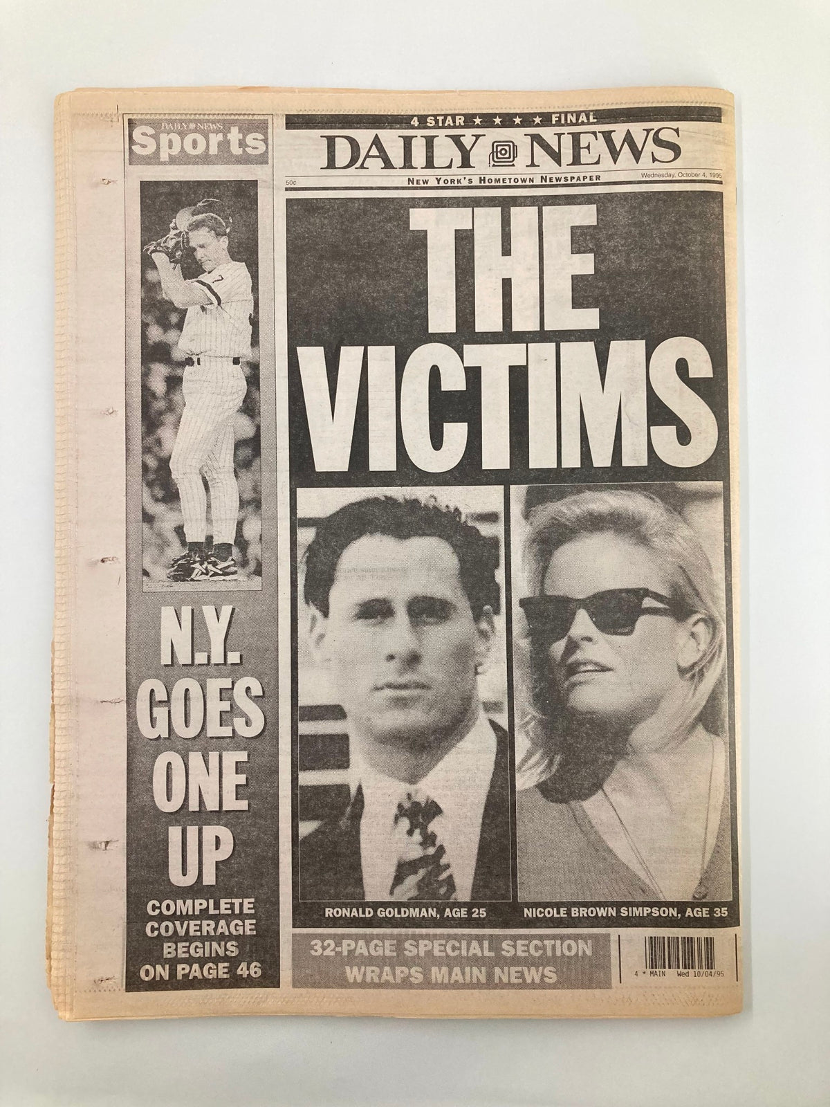 Daily News Newspaper from October 4, 1995, with the headline 'THE VICTIMS', focusing on Ronald Goldman and Nicole Brown Simpson in the aftermath of O.J. Simpson's trial.