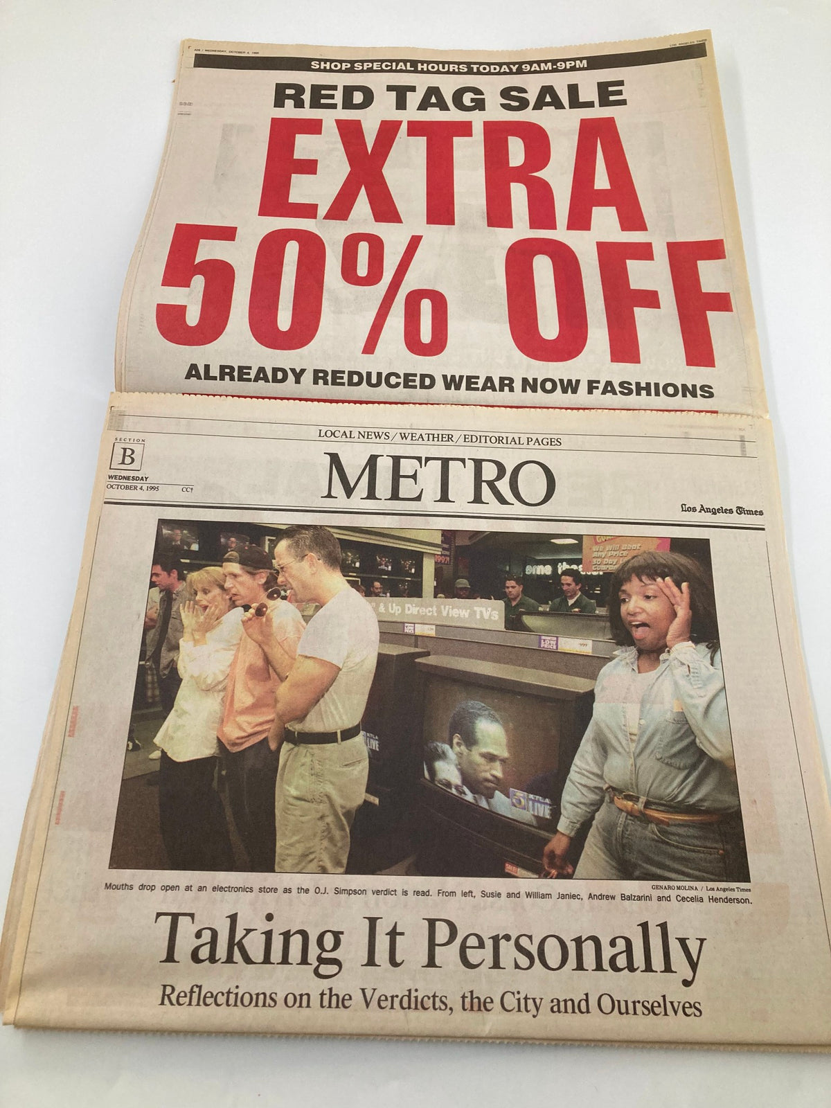 Los Angeles Times Newspaper dated October 4, 1995, showcasing a Metro section with a bold sale announcement and a reflection on the O.J. Simpson trial. The image highlights social sentiments from that time.