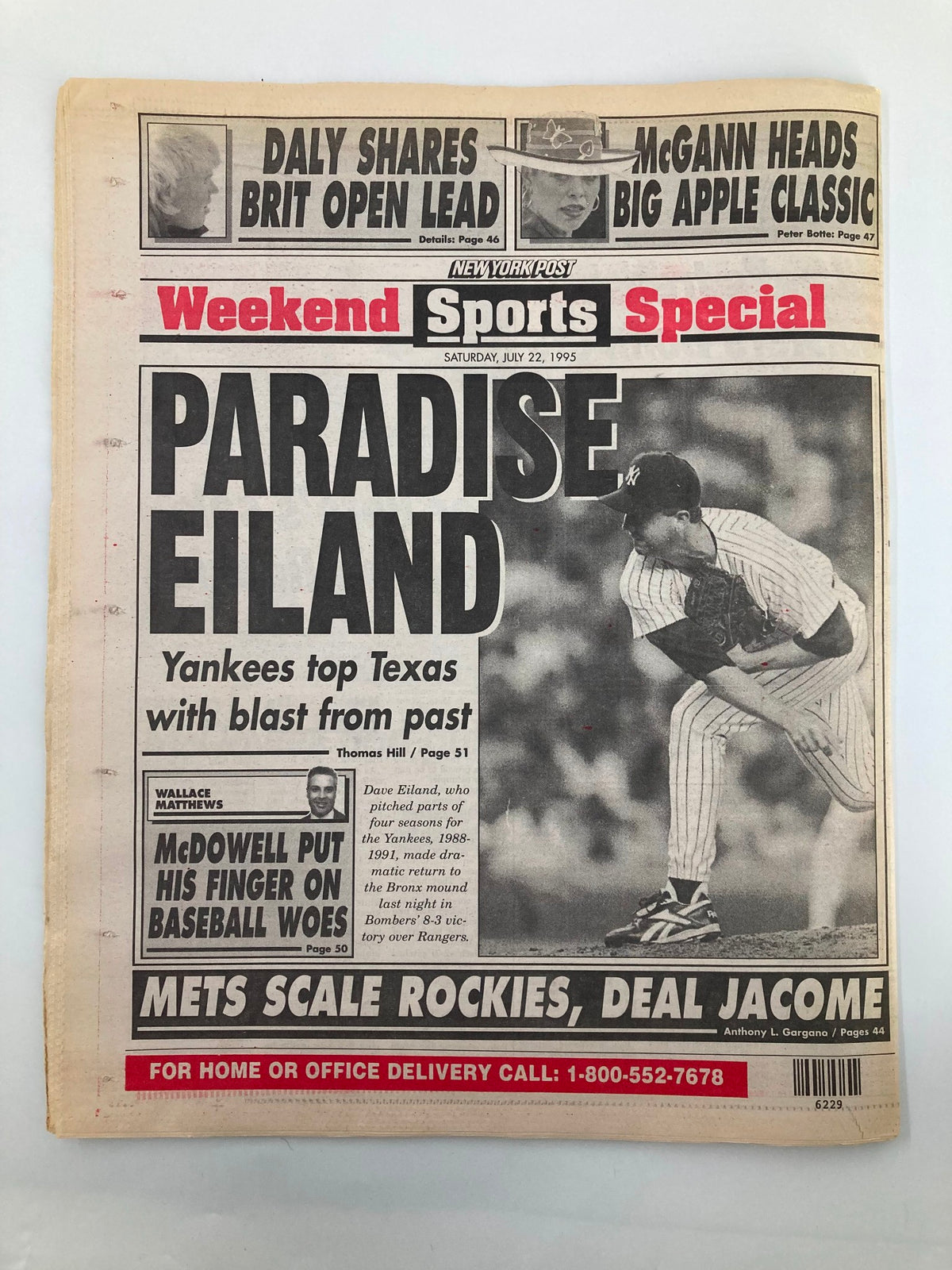 New York Post Newspaper July 22, 1995 titled 'Paradise Eiland,' covering Yankees' performance and Dave Eiland's impactful return to baseball, showcased in a special weekend sports edition.