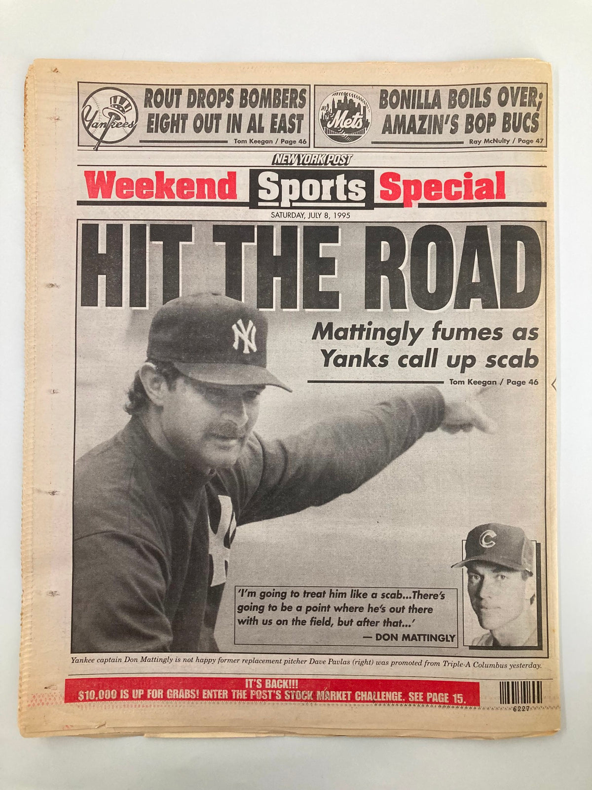 New York Post Newspaper July 8 1995 featuring the headline 'Hit the Road' discussing the New York Yankees and player Don Mattingly. This vintage magazine captures the sports atmosphere of the time, valuable for collectors.