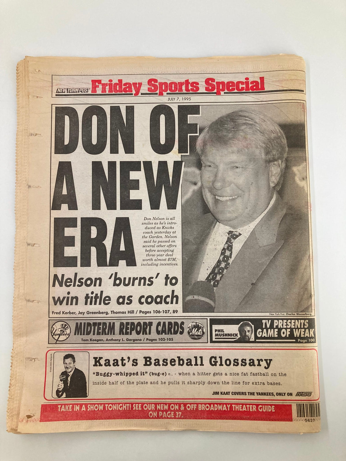 New York Post Newspaper from July 7, 1995 featuring the title 'Don of a New Era' with a large image of Don Nelson announcing his coaching role, highlighting sports coverage from that date.