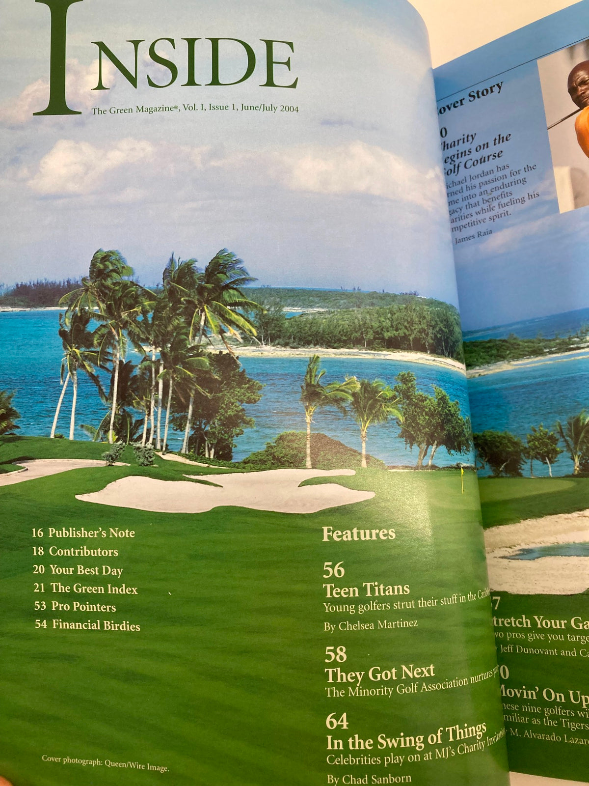 Inside pages of The Green Magazine Vol 1 Issue 1 June 2004 featuring a beautiful ocean view and details on contributors and features.
