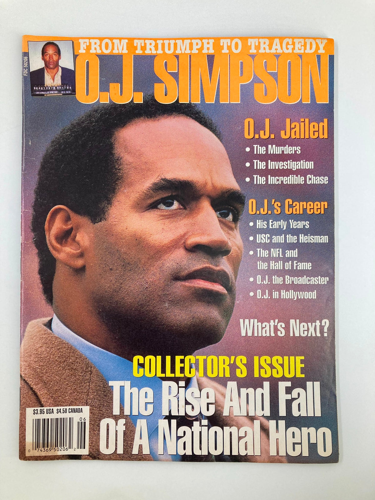 1994 From Triumph to Tragedy O.J. Simpson magazine cover featuring O.J. Simpson, highlighting his rise and fall, with text on crucial events and a photo of him.