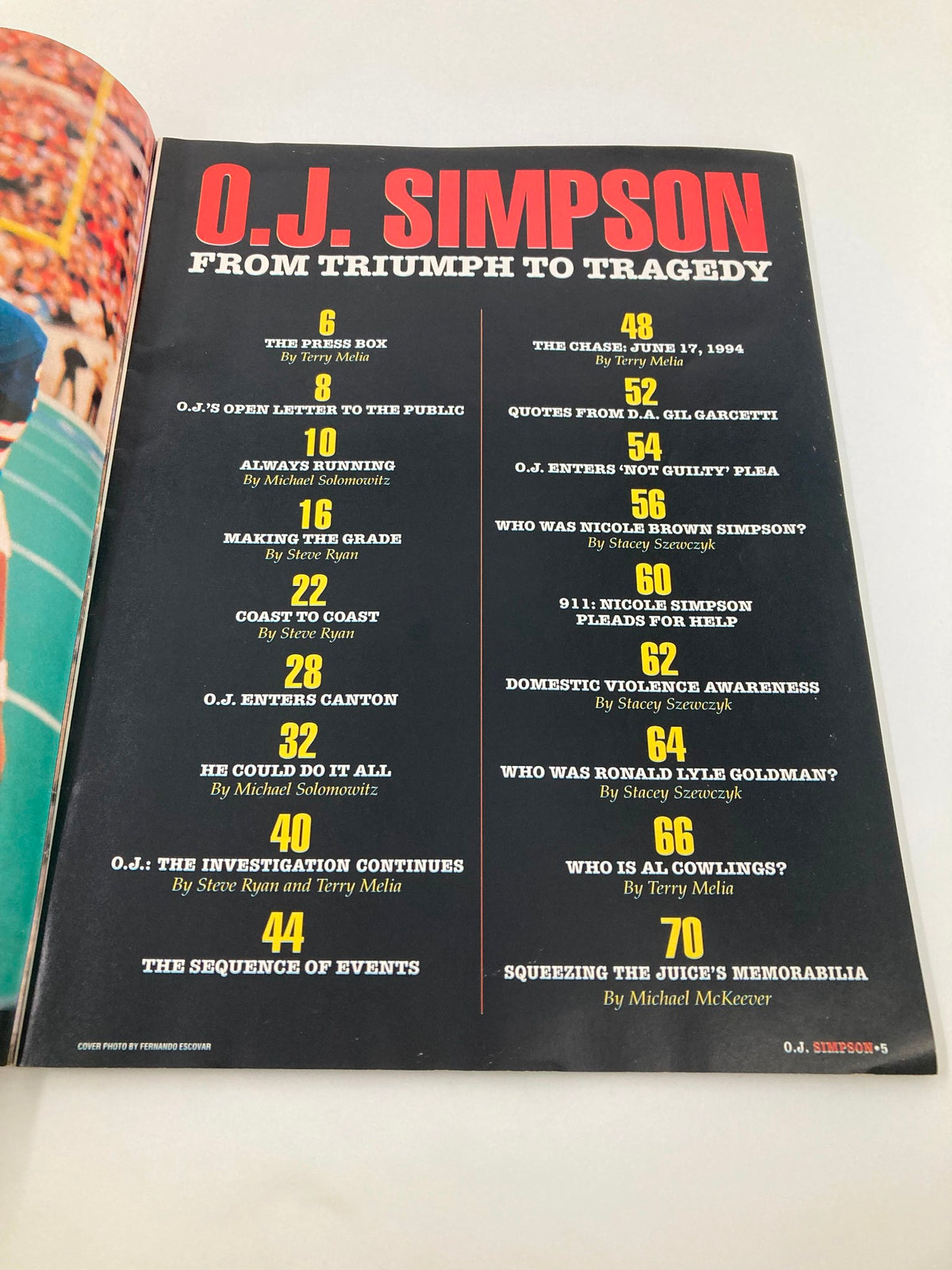 1994 From Triumph to Tragedy O.J. Simpson magazine interior page listing articles, including insights on O.J.'s career and major events surrounding his life.