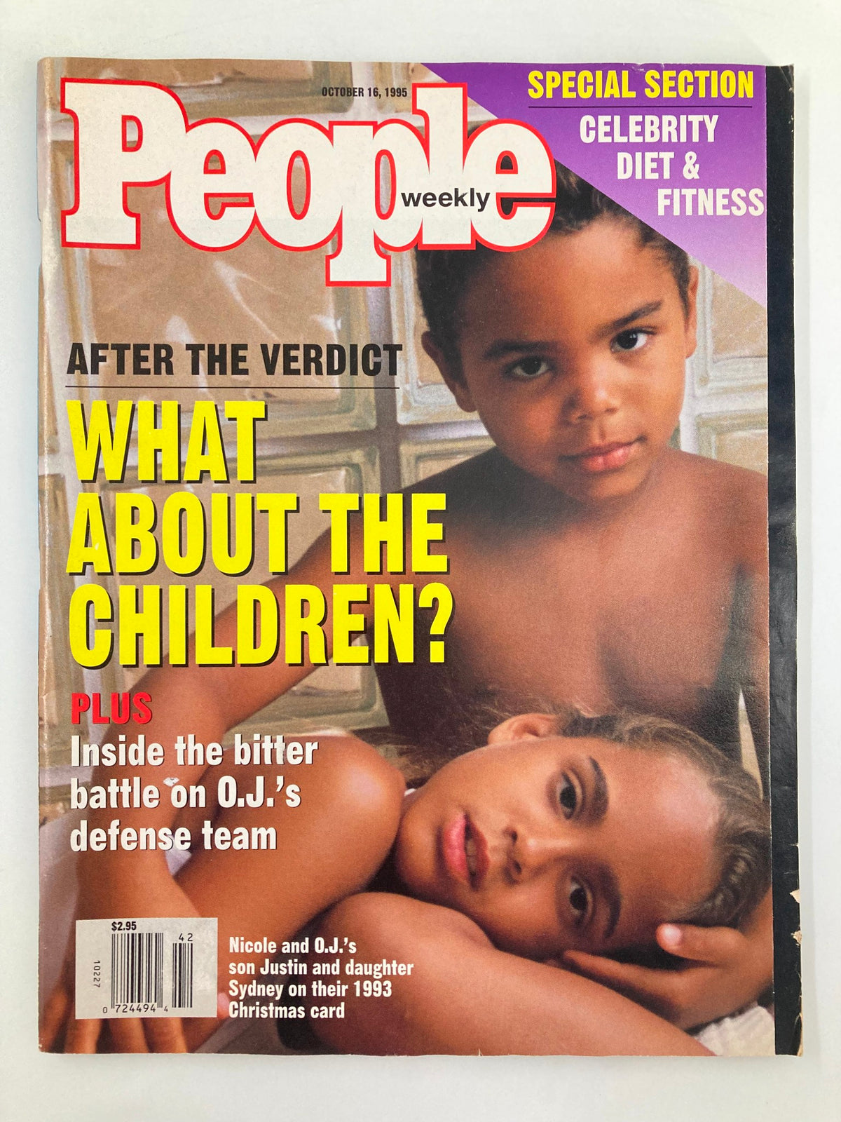 Cover of People Weekly Magazine dated October 16, 1995, featuring a touching photograph of Justin and Sydney Simpson, highlighting stories about celebrity children and their experiences.