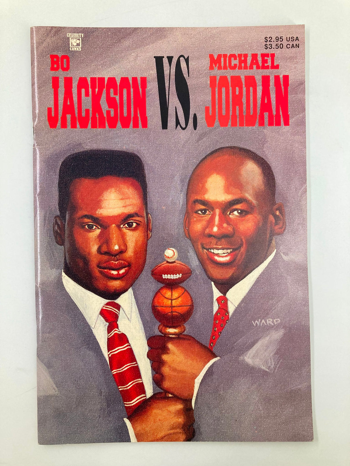 Cover illustration of the January 1992 Bo Jackson versus Michael Jordan #1 biography, featuring portraits of Bo Jackson and Michael Jordan with vibrant colors and dynamic poses.