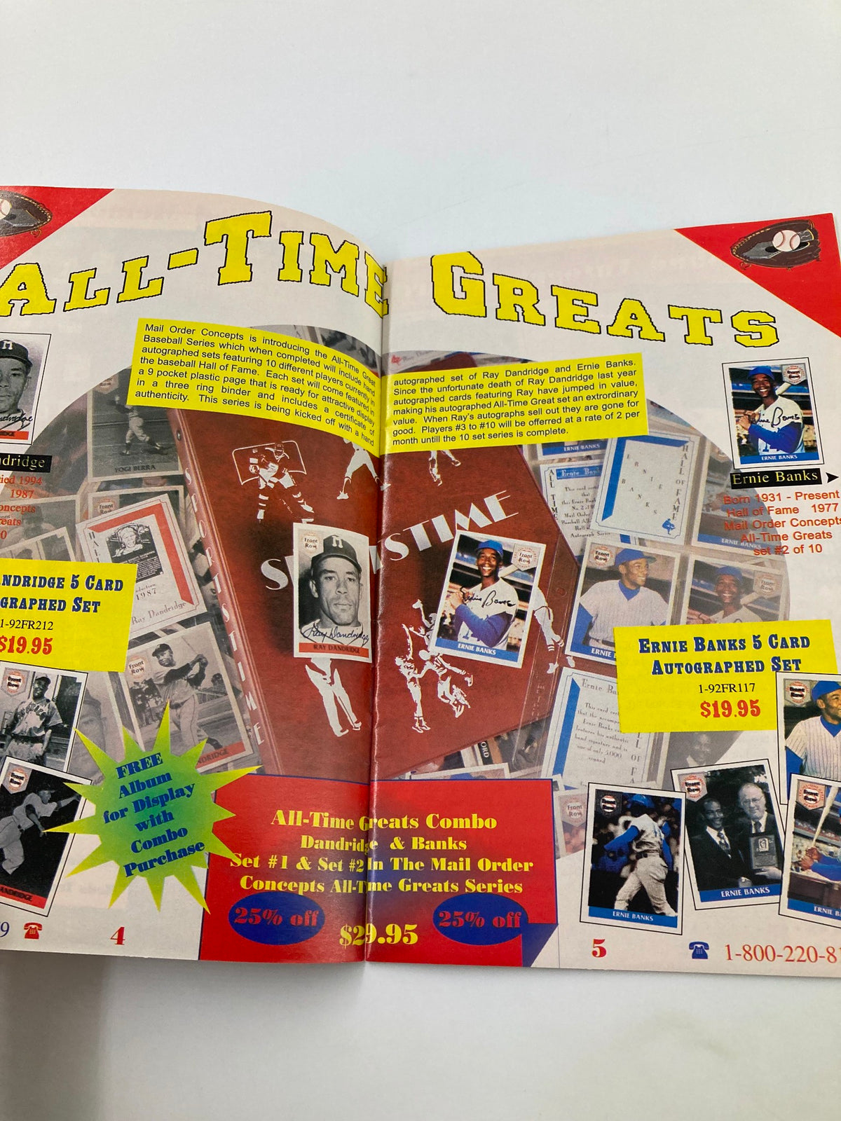 All-Time Greats magazine spread featuring collectible trading cards, highlighting Ernie Banks and offering a combo set in the Spring Into Madness Michael Jordan Spring Liquidation Catalog.
