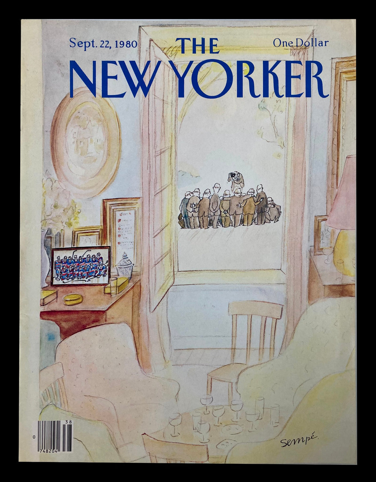 Vintage cover of The New Yorker dated September 22, 1980, featuring art by Jean-Jacques Sempe, showcasing a light-filled room with a view of a hockey game and an artistic rendering of characters observing.