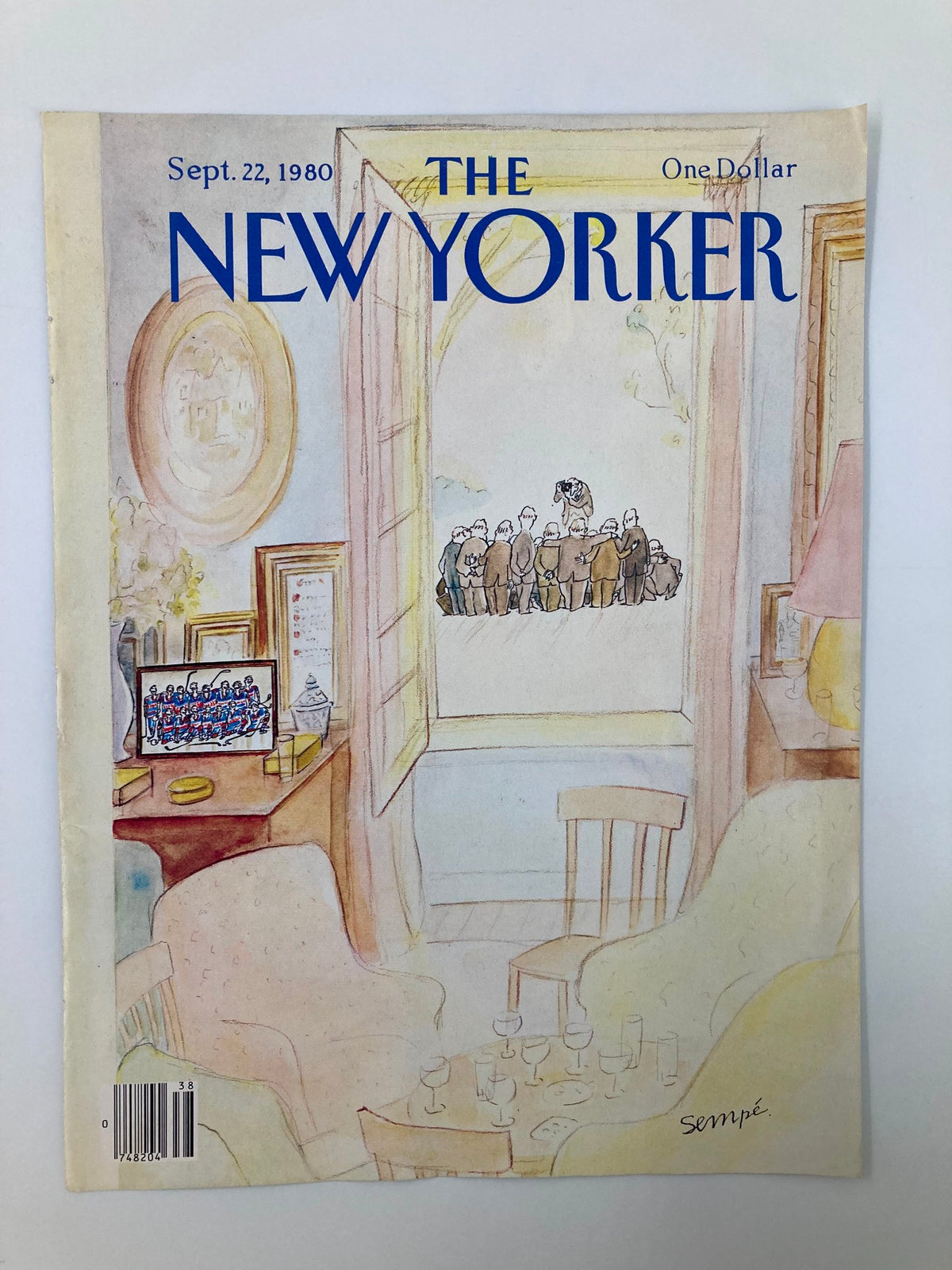 The New Yorker September 22, 1980 cover illustrated by Jean-Jacques Sempe, depicting an inviting interior scene with a glimpse of a hockey game and artistic details highlighting the culture of the time.