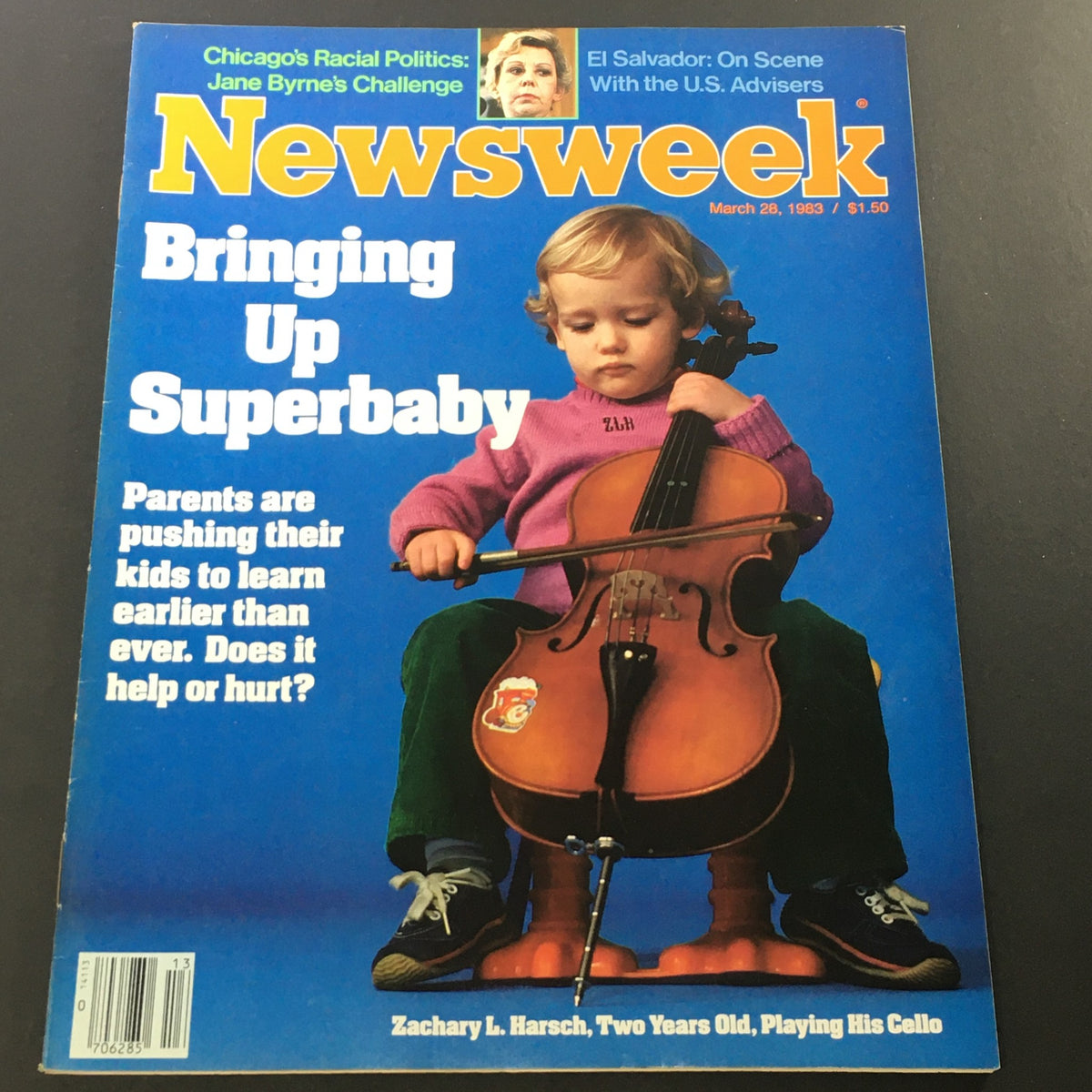VTG Newsweek Magazine March 28 1983 cover featuring a two-year-old Zachary L. Harsch playing a cello, with the headline 'Bringing Up Superbaby' and references to Chicago's Jane Byrne and El Salvador.