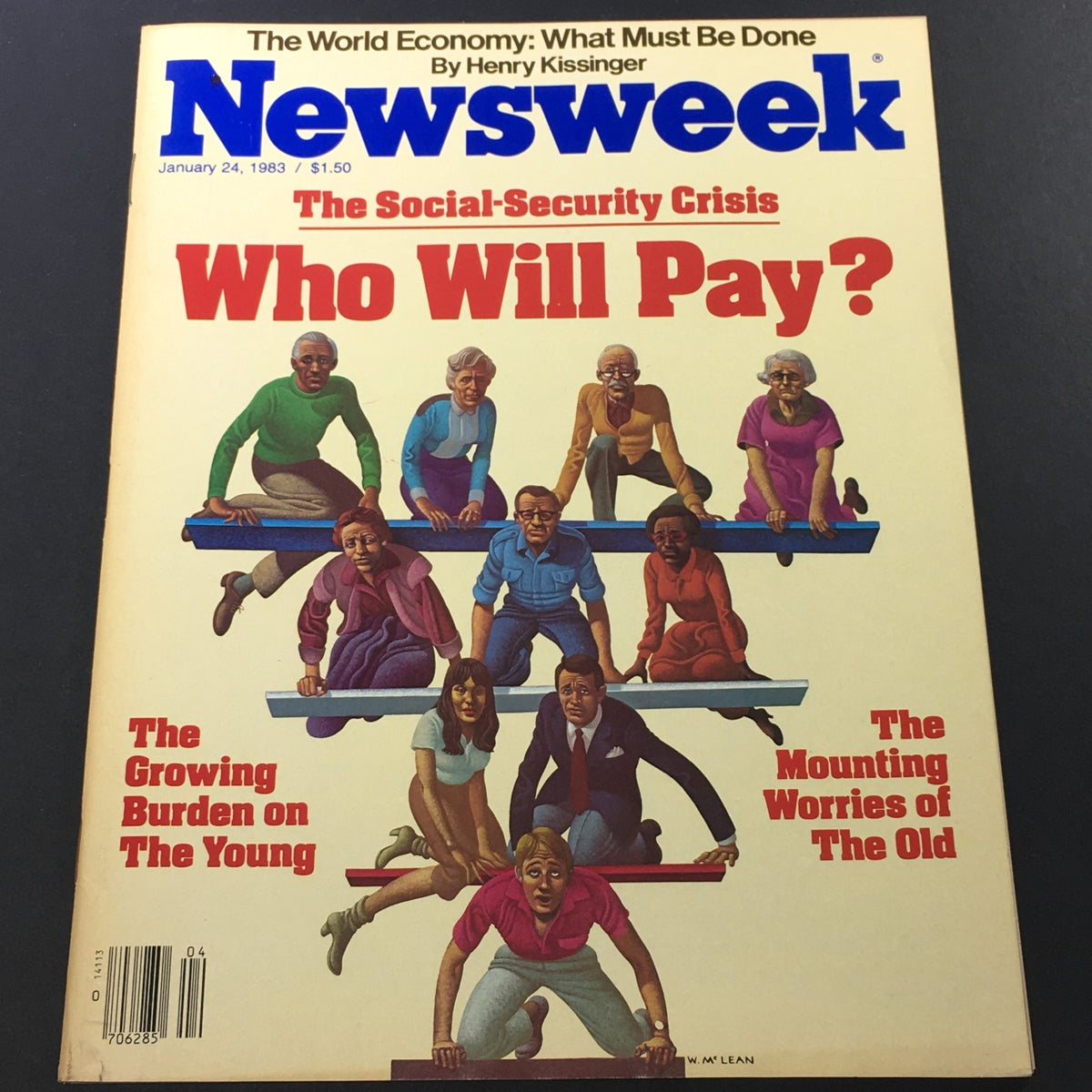 Vintage Newsweek Magazine Cover from January 24, 1983 featuring 'The World Economy' by Henry Kissinger, discussing the social-security crisis with illustrations of diverse people pondering economic concerns.