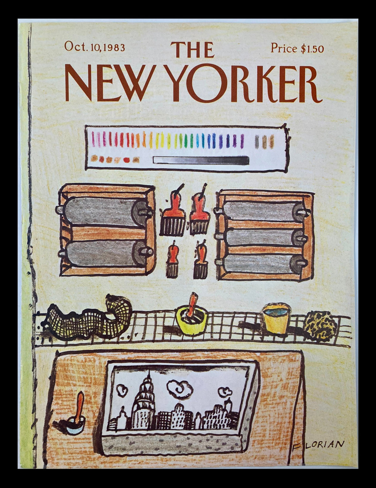 Cover only of The New Yorker issue from October 10, 1983 featuring artwork by Douglas Florian, showcasing an Art Workshop scene with colorful paint supplies, candles, and a cityscape illustration.