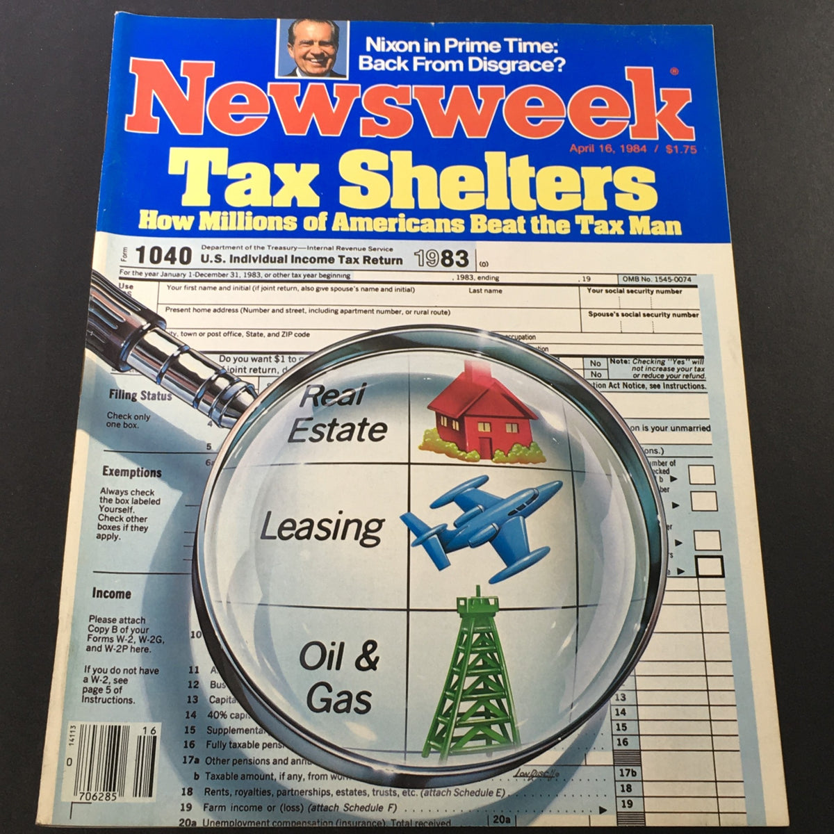 VTG Newsweek Magazine April 16 1984 featuring Richard Nixon on the cover, illustrating tax shelters with a magnifying glass over real estate, leasing, and oil & gas topics. A nostalgic collectible for history enthusiasts.