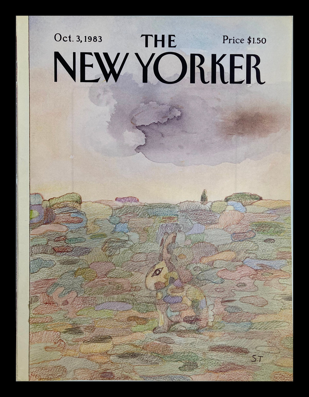 Cover of The New Yorker, October 3, 1983, titled 'Rabbit Camouflage' by Saul Steinberg, featuring a whimsical rabbit blending into a colorful landscape.