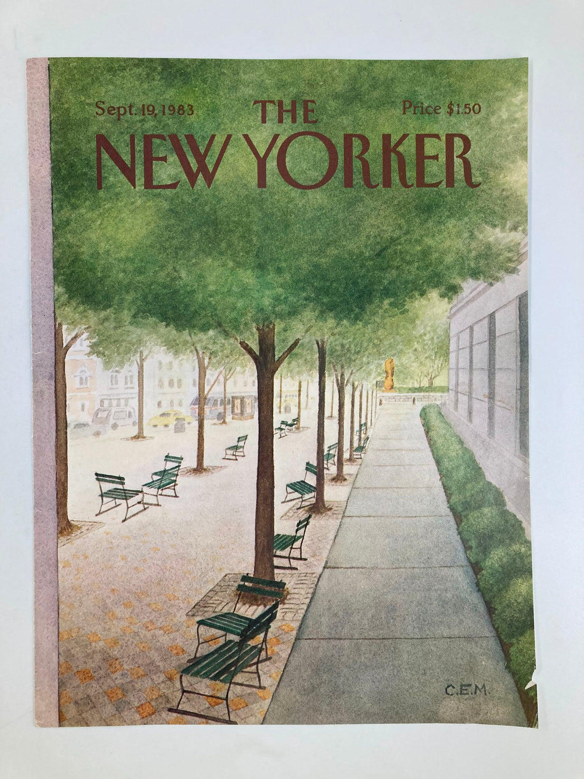 Cover art from The New Yorker, September 19, 1983, titled 'Empty Chairs' by Charles E. Martin, depicting a scenic view of green chairs lining a walkway under trees.