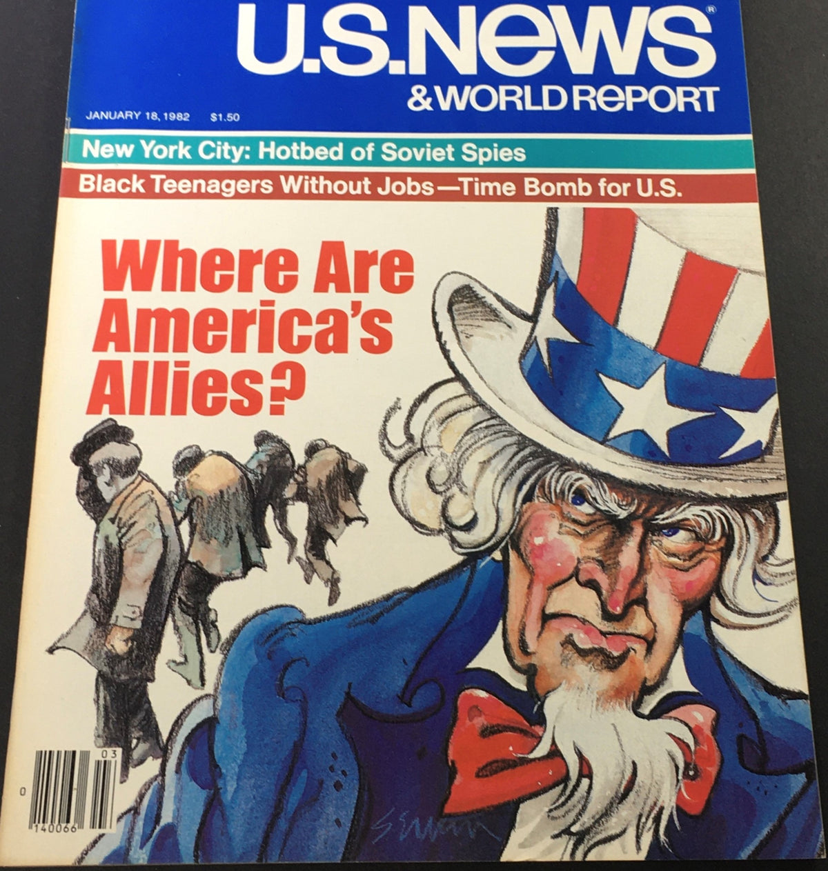 Cover of U.S. News & World Report January 18, 1982 featuring the headline 'New York City: Hotbed of Soviet Spies'. The illustration depicts an intense Uncle Sam with a serious expression, symbolizing national concerns, with the subtitle 'Where Are America's Allies?'. This vintage magazine captures the essence of Cold War tensions.