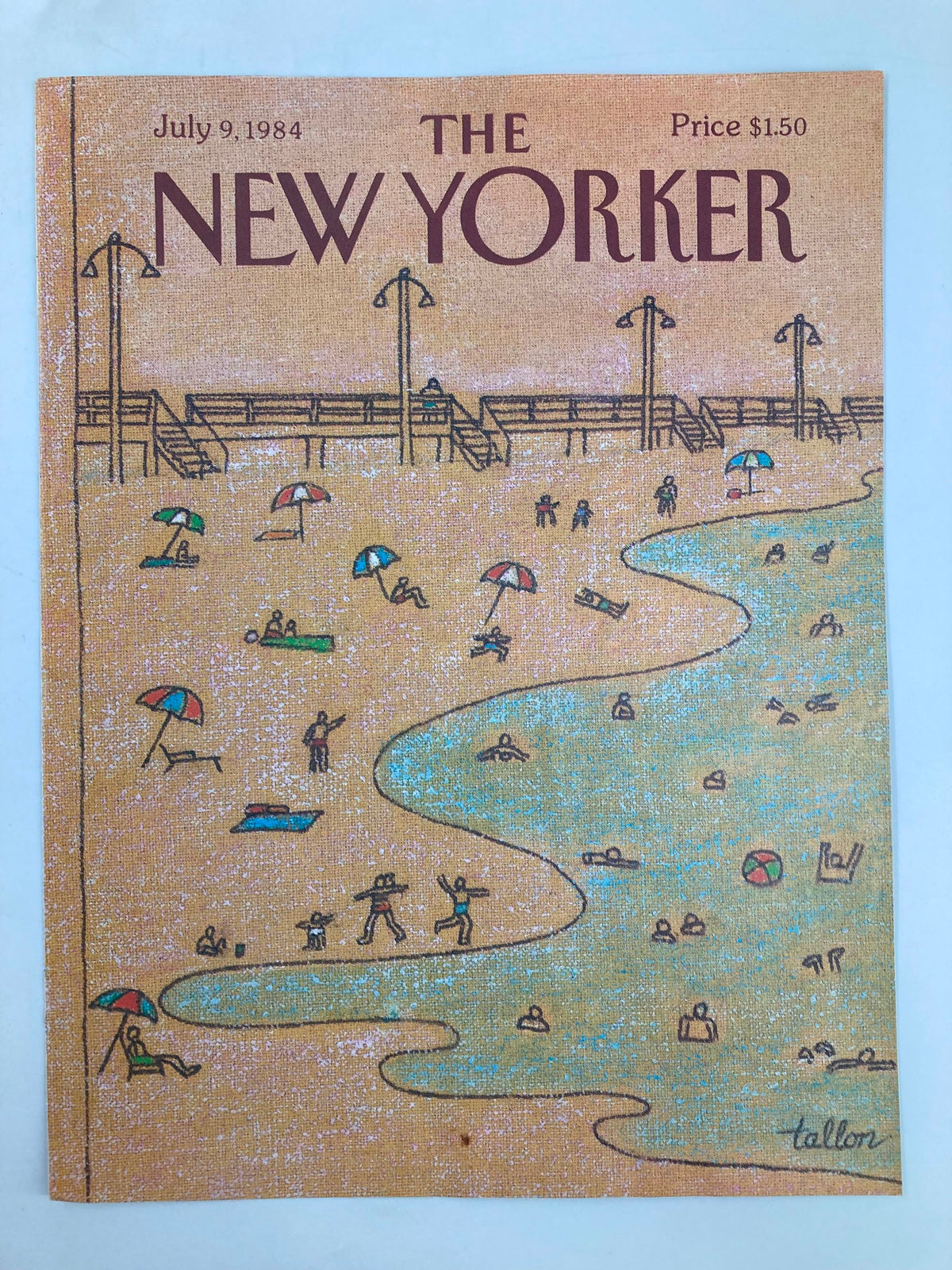 COVER ONLY The New Yorker July 9 1984 Beachgoers by Robert Tallon, featuring a vibrant illustration of beachgoers enjoying a sunny day with umbrellas and the shoreline.