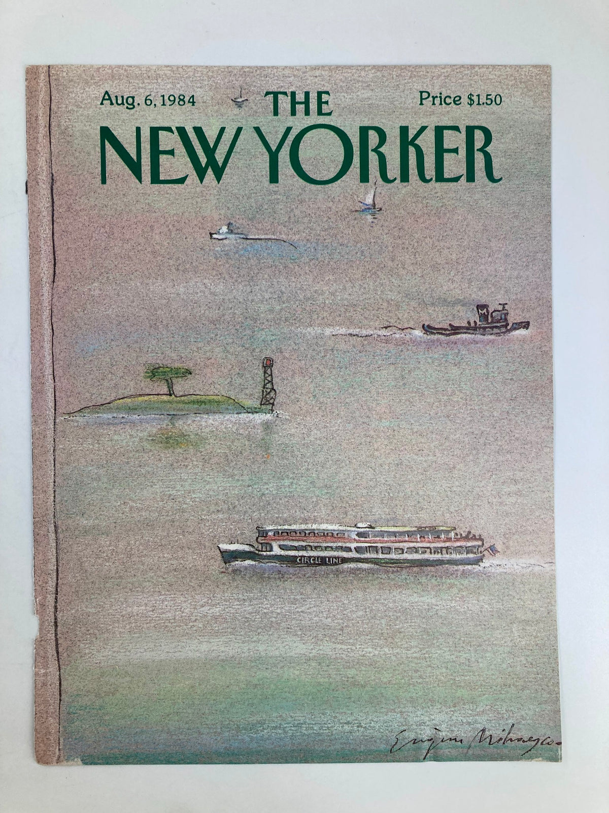 COVER ONLY The New Yorker August 6 1984 Circle Line Boat by Eugene Mihaesco, showcasing a serene watercolor scene of the Circle Line boat, surrounded by calm waters and distant boats, with classic magazine title.