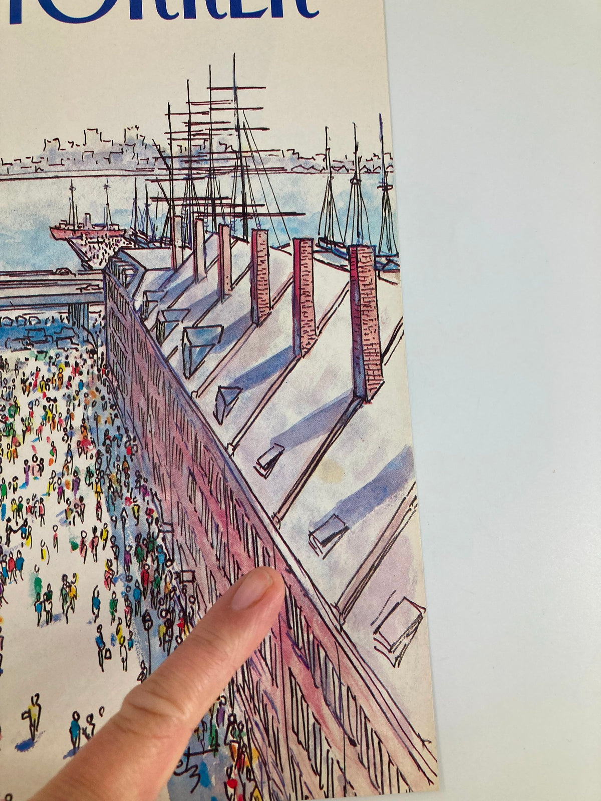 Close-up view of The New Yorker cover, April 30, 1984, titled 'Fulton Fish Market' by Arthur Getz, focusing on the rooflines and masts of ships, highlighting the detailed illustration of the vibrant market scene.