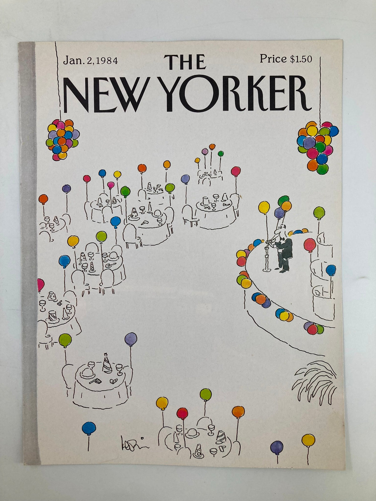 The New Yorker magazine cover dated January 2, 1984, illustrated by Arnie Levin, depicting a vibrant New Year's Eve party scene with colorful balloons and elegantly arranged tables.