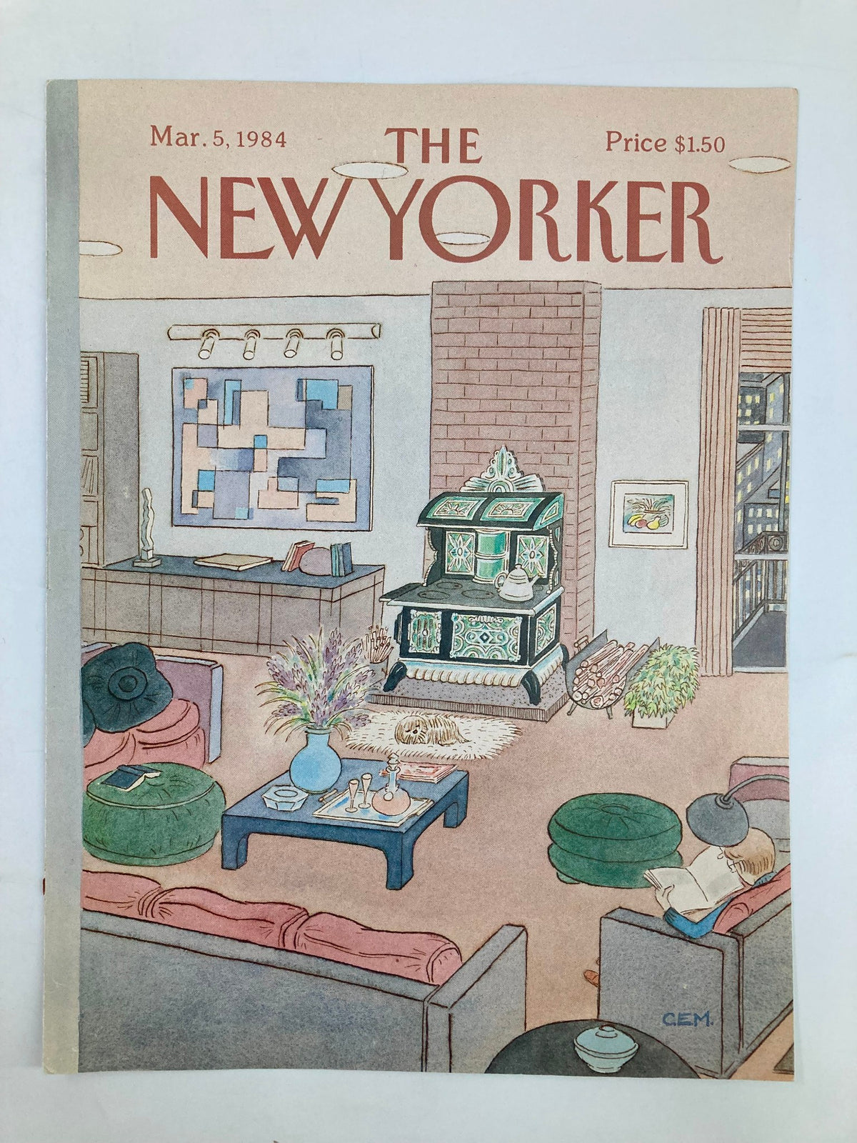 The New Yorker Cover March 5 1984 illustrating 'Comfort at Home' by Charles E. Martin, showcasing a warm living space with artistic elements and soft furnishings.