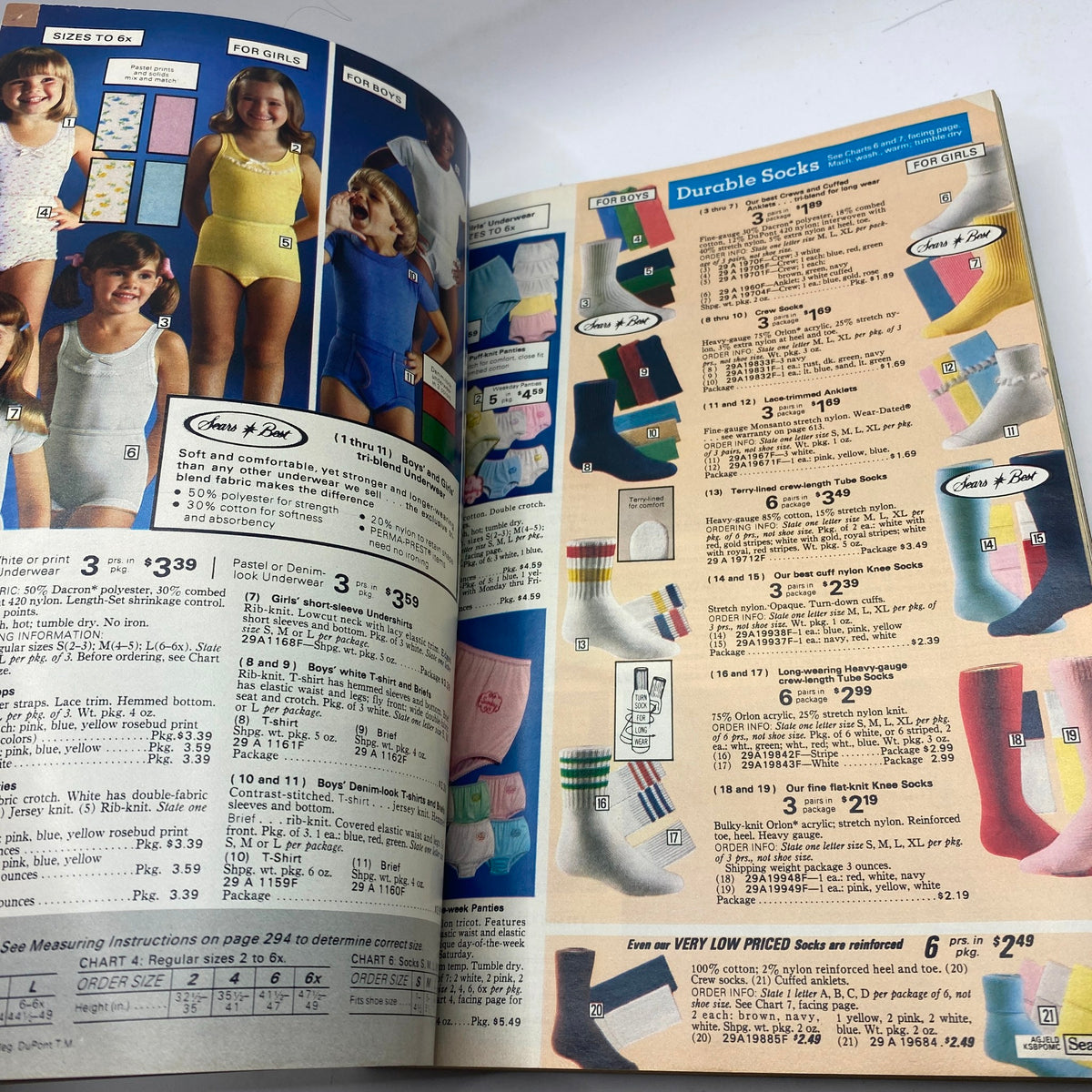 Open pages of the 1979 Sears Spring Summer Where America Shops Catalog featuring durable socks for children.