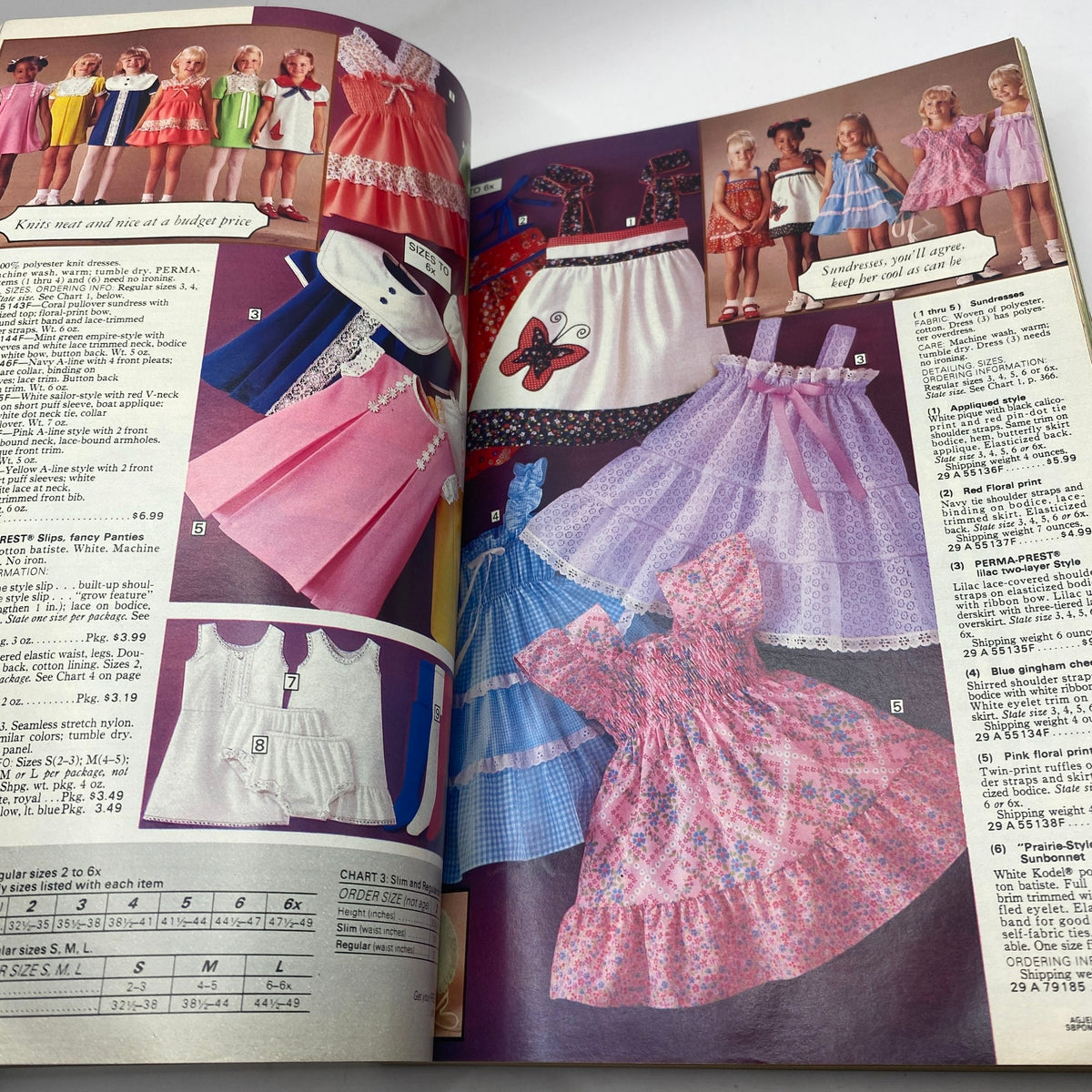 1979 Sears Spring Summer Where America Shops Catalog showcasing colorful dresses for girls, including various styles in pink and blue fabric.