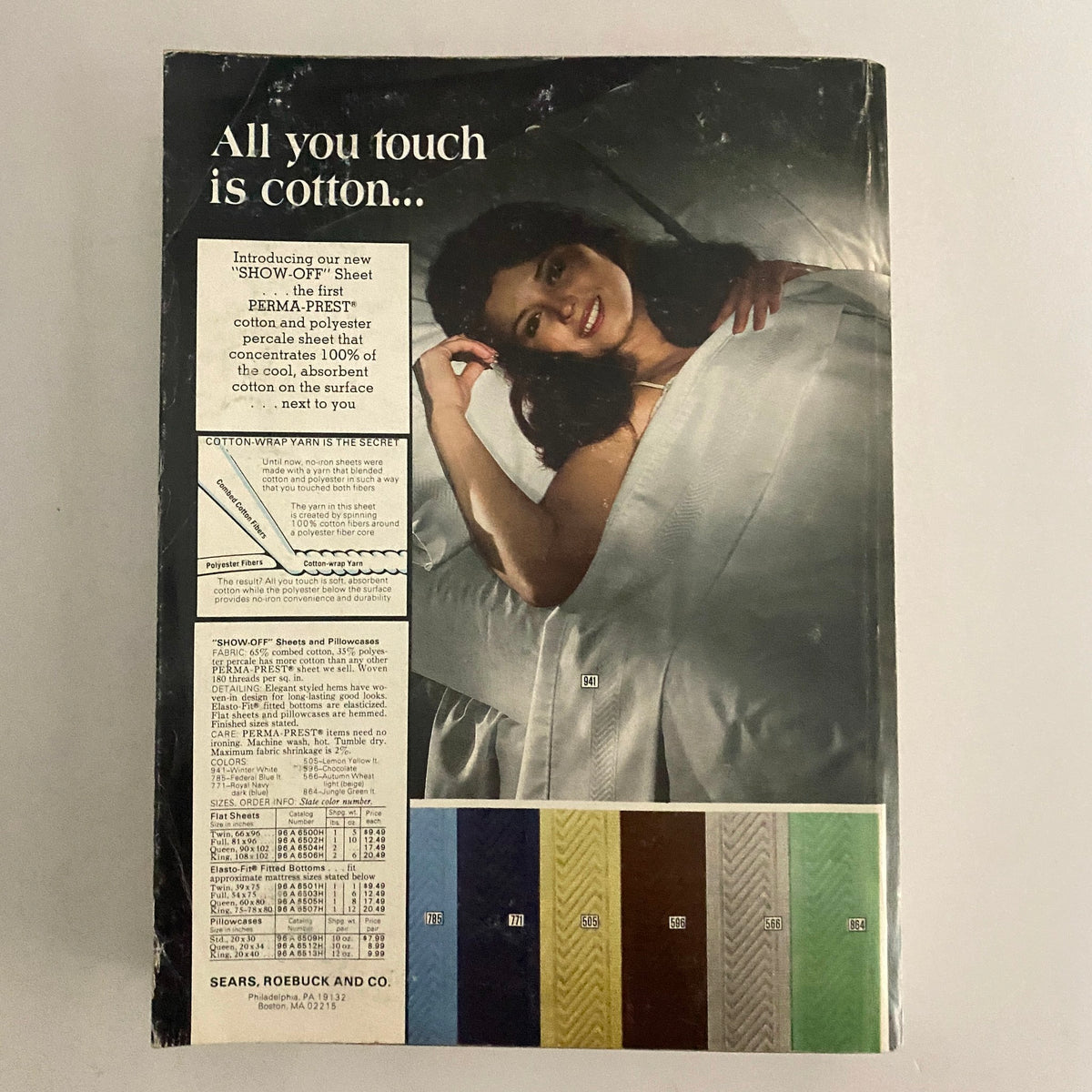 1979 Sears Spring Summer Where America Shops Catalog featuring the back cover with a model draped in a cotton sheet, highlighting the introduction of new cotton bedding options.