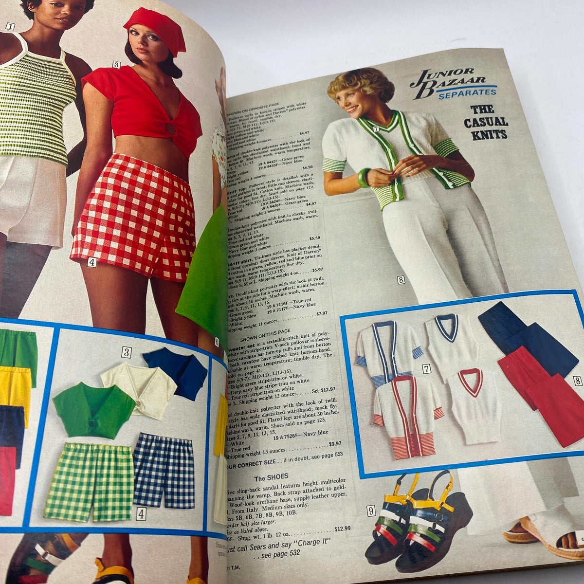 Interior page of the 1975 Sears Spring Summer Toughskins Bib Overall, Jacket Jeans Catalog featuring stylish women's casual knit separates in vibrant colors.