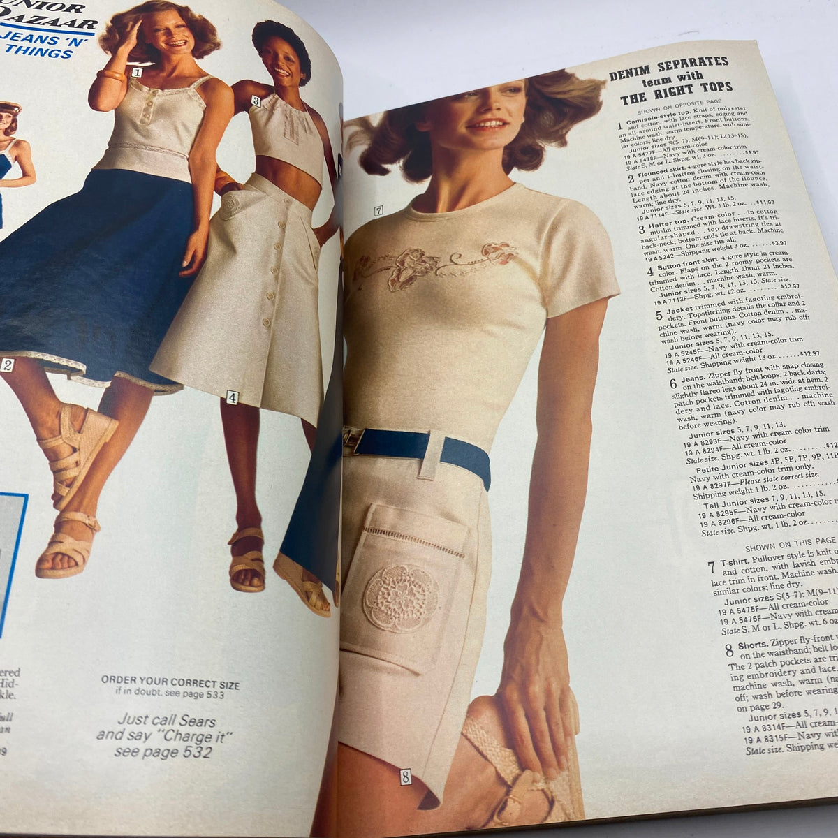 Interior page of the 1975 Sears Spring Summer Toughskins Bib Overall, Jacket Jeans Catalog showcasing denim separates for women with a focus on trendy tops.