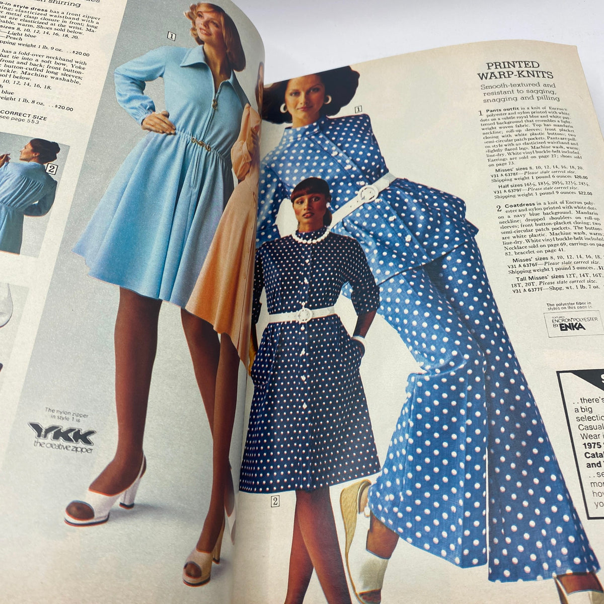 1975 Sears Spring Summer Toughskins Bib Overall, Jacket Jeans Catalog featuring fashionable women's clothing including a blue shirt dress and a polka dot ensemble.
