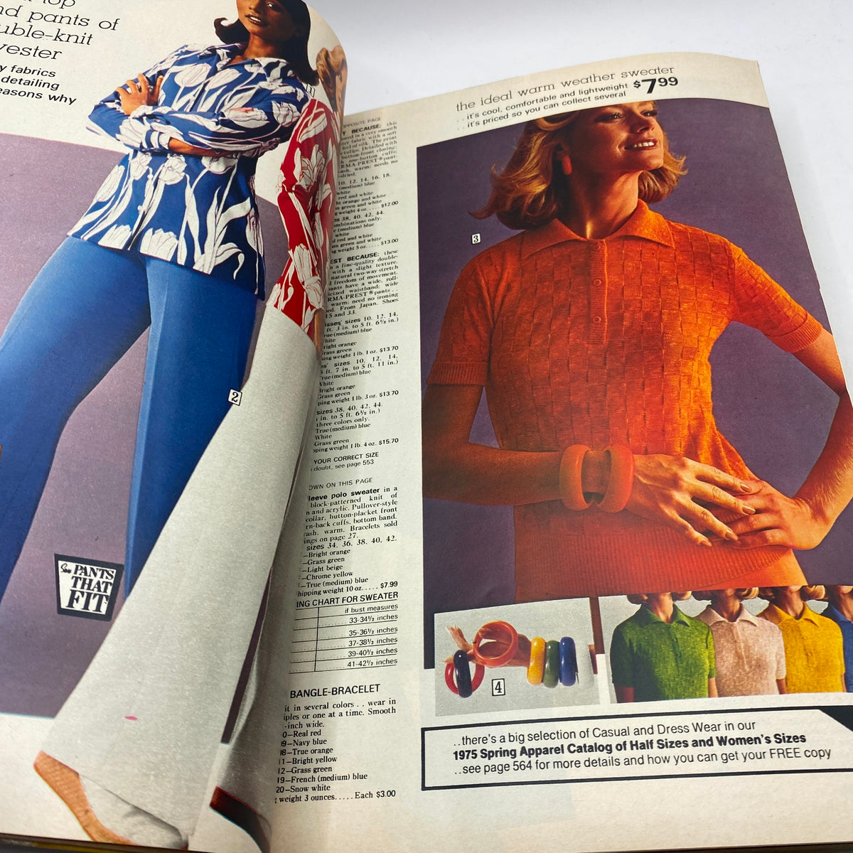 1975 Sears Spring Summer Toughskins Bib Overall, Jacket Jeans Catalog showcasing colorful women's apparel, highlighting a bright orange polo and a chic patterned top.