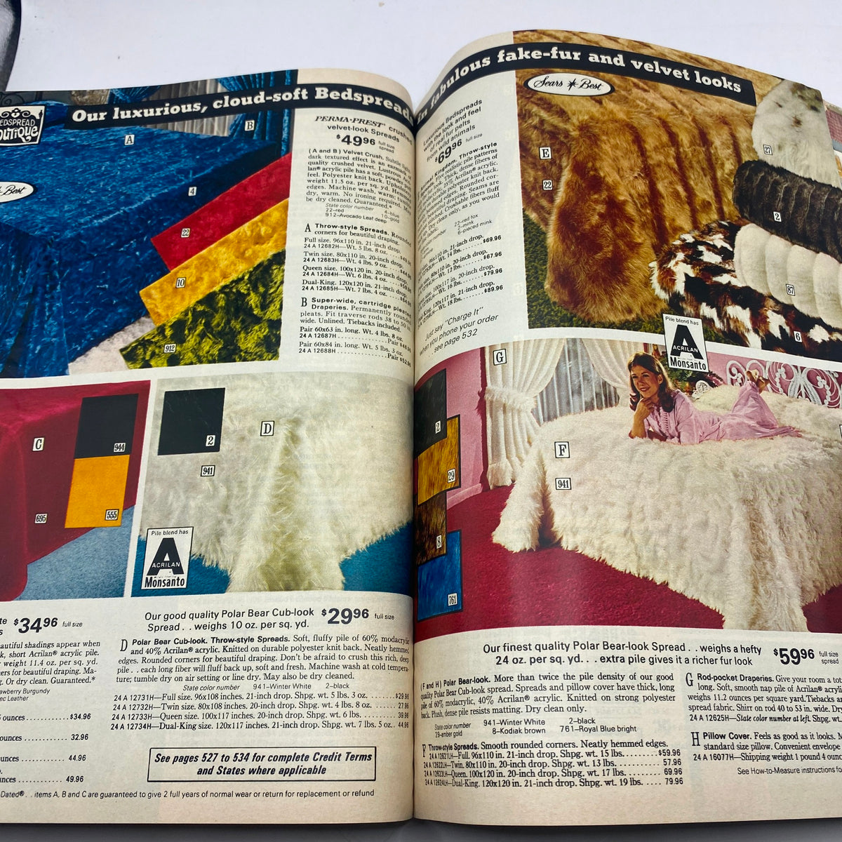 1975 Sears Spring Summer Toughskins Bib Overall, Jacket Jeans Catalog highlighting luxurious bedspreads and cover options with vibrant colors.
