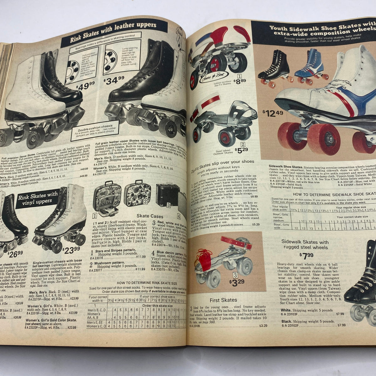 Page from the 1975 Sears Spring Summer Toughskins Bib Overall, Jacket Jeans Catalog displaying roller skates and related accessories with pricing details.