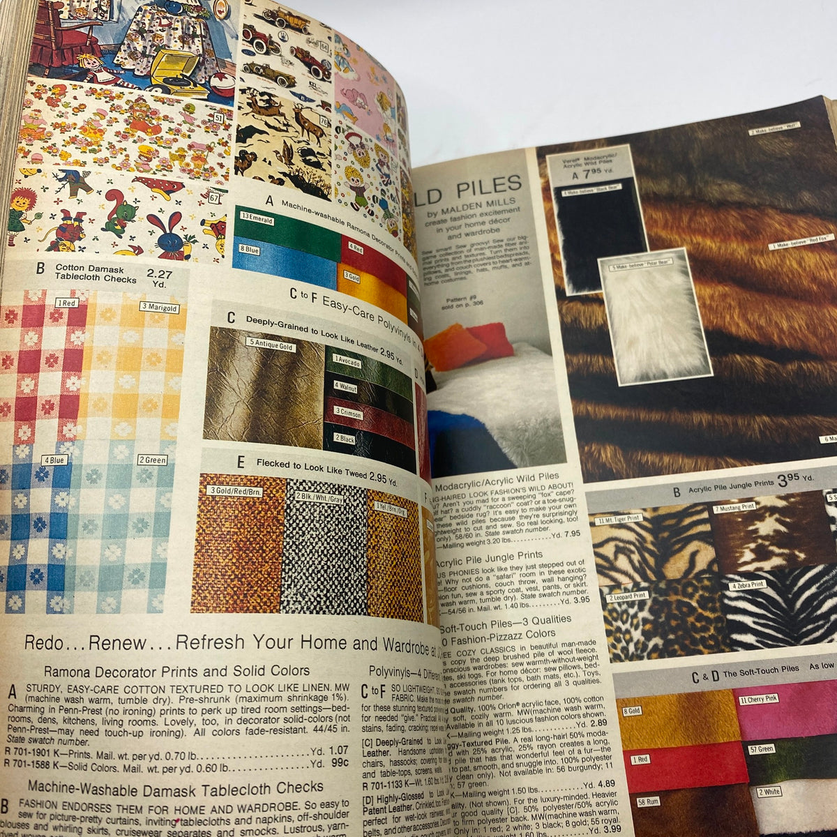 1973 JCPenney Fall and Winter All in Layers Catalog displaying vibrant fabric swatches and patterns for home decor, highlighting colorful prints and textures.
