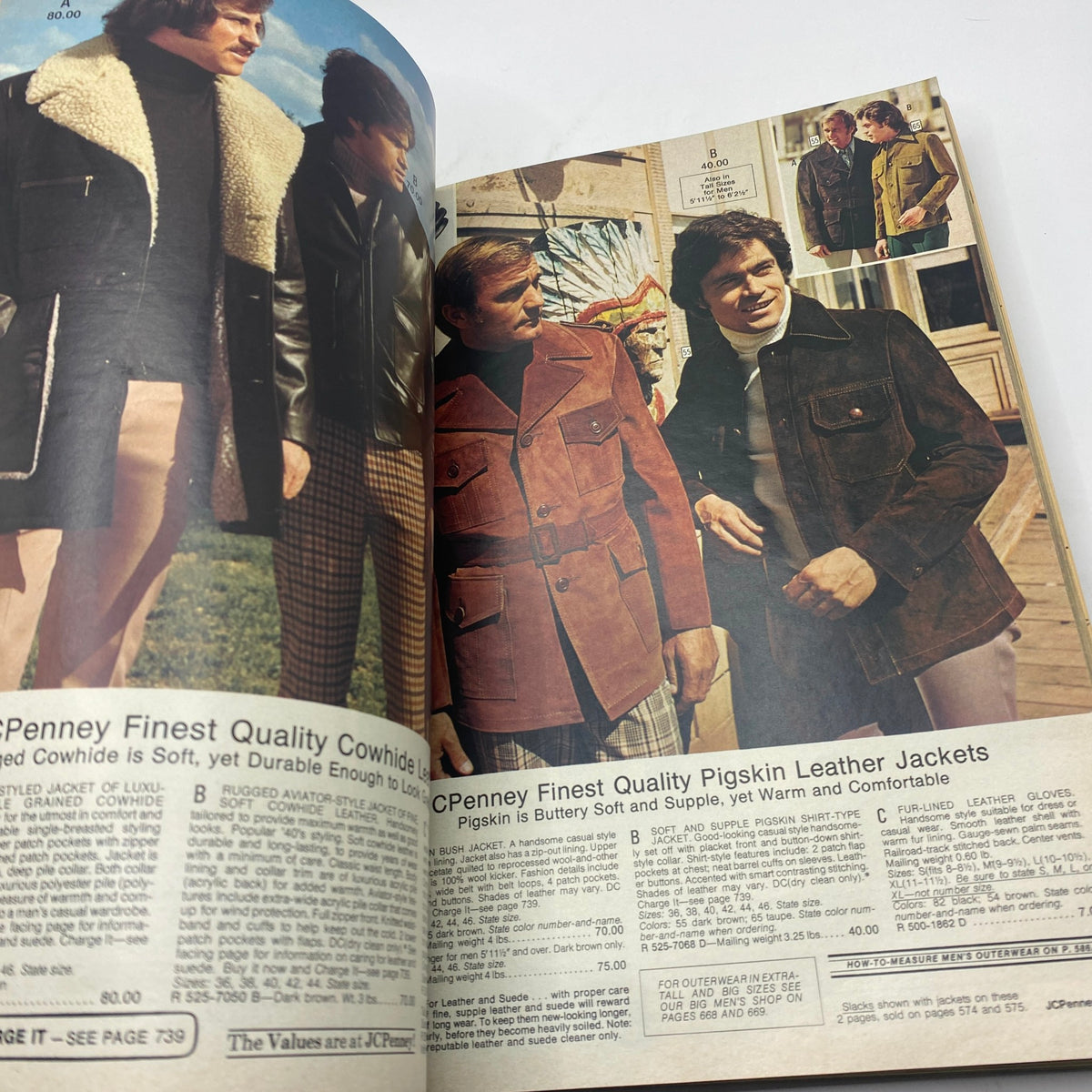 1973 JCPenney Fall and Winter All in Layers Catalog featuring quality leather jackets for men, emphasizing soft and stylish pigskin options.