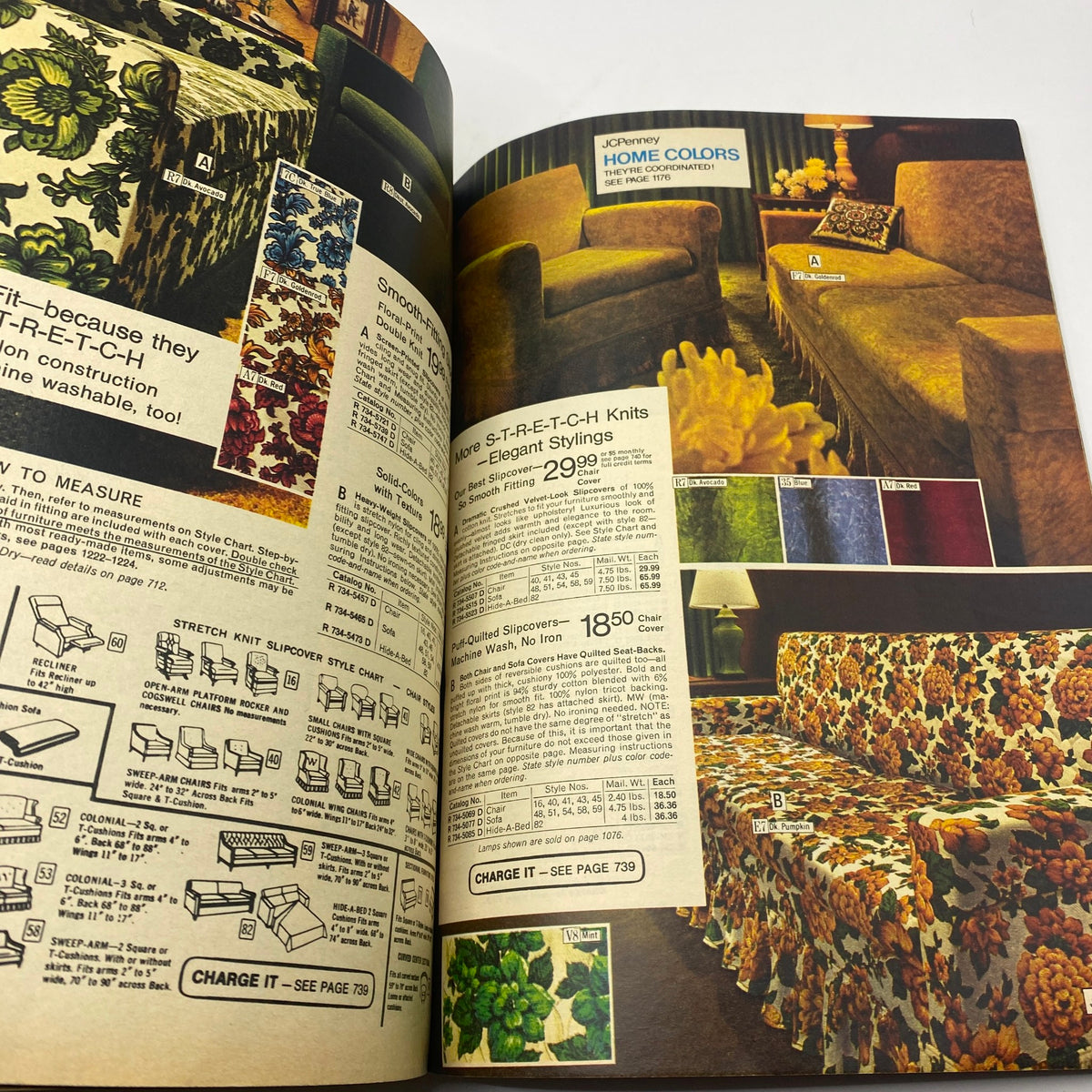 1973 JCPenney Fall and Winter All in Layers Catalog illustrating colorful knit fabrics and home accessories, highlighting stylish design choices for living spaces.