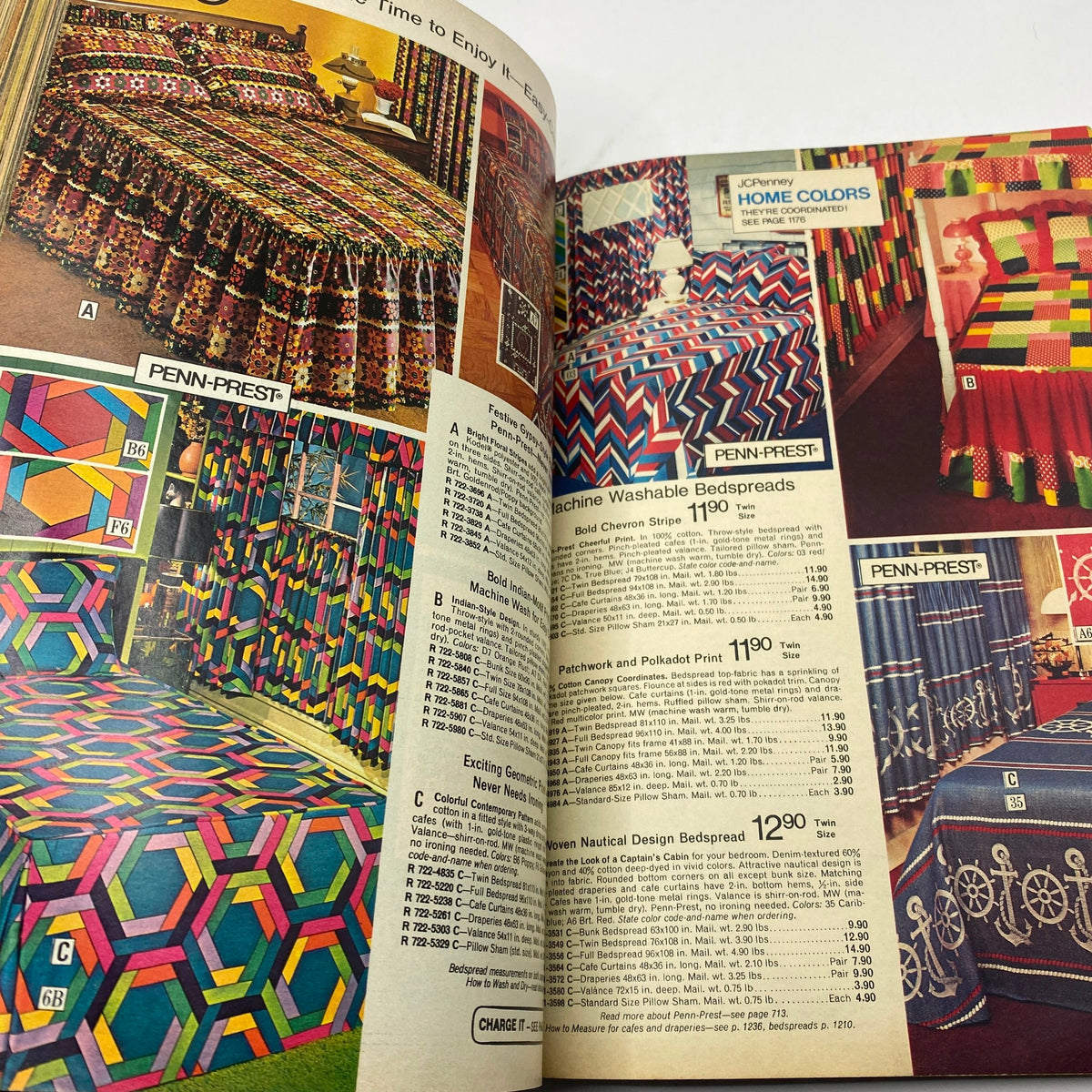 1973 JCPenney Fall and Winter All in Layers Catalog featuring bedspread designs in vibrant patterns, including geometric shapes and nautical themes.