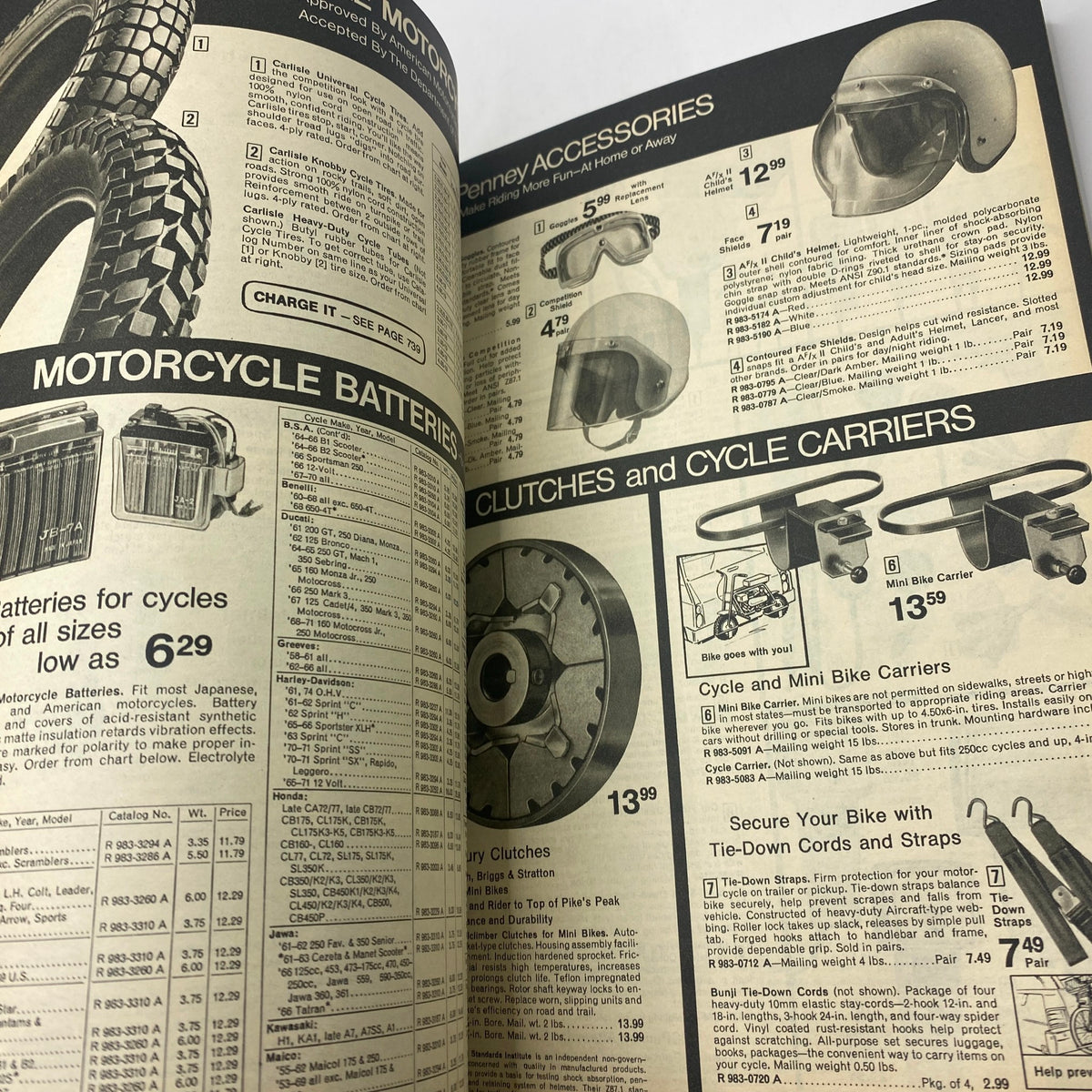 1973 JCPenney Fall and Winter All in Layers Catalog featuring motorcycle accessories, including batteries and protective gear for cyclists.