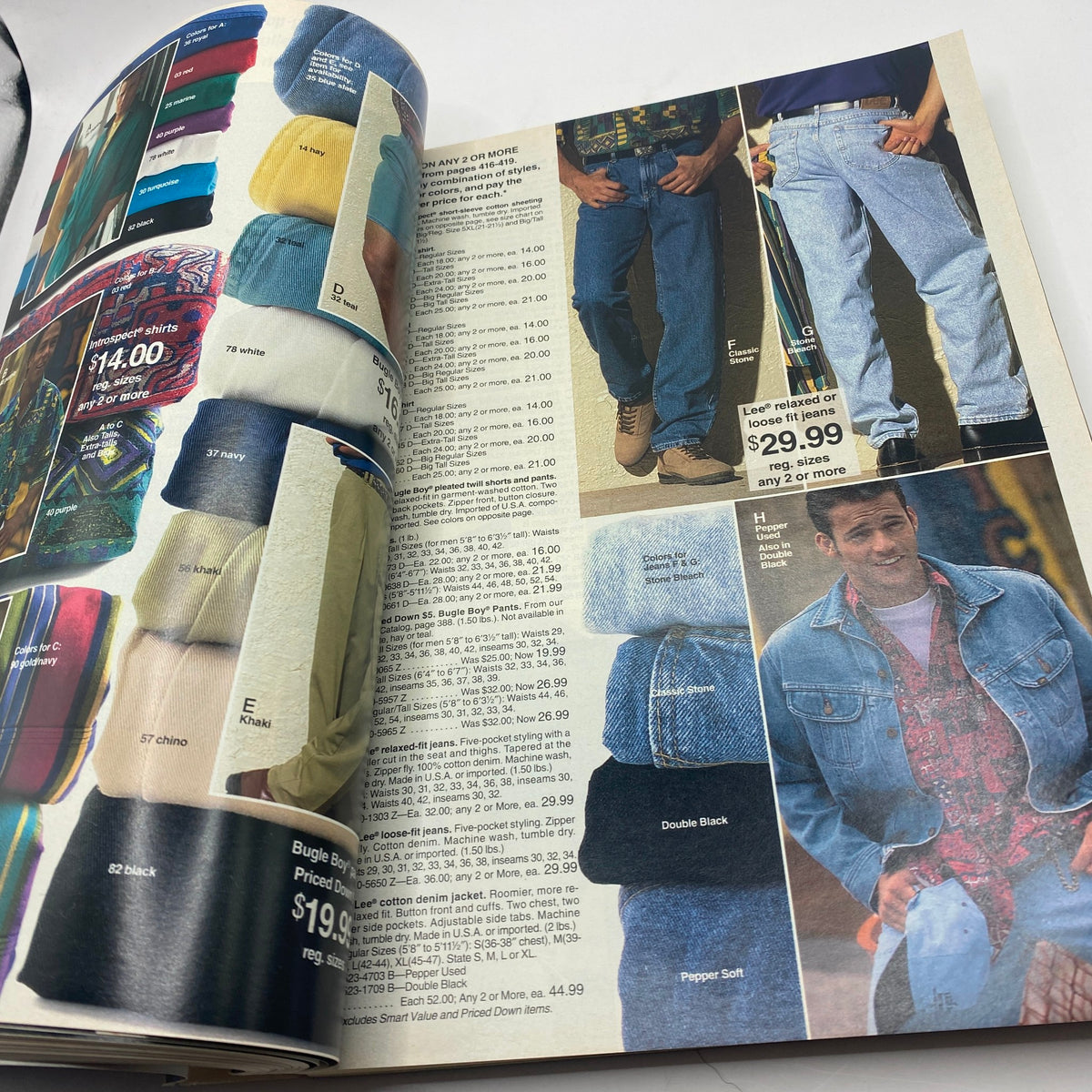 1994 JCPenney Spring and Summer Catalog featuring a variety of casual pants and jeans, including colorful options and pricing, presented in a stylish layout.