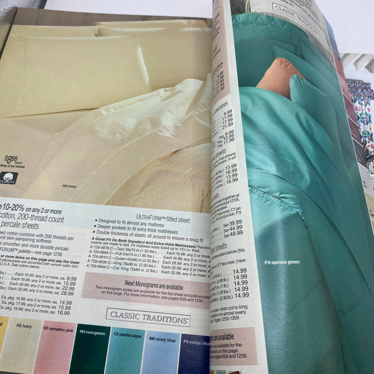 Bedding page from the 1994 JCPenney Spring and Summer Catalog showing various colors of sheets including UltraFoam options and prices.