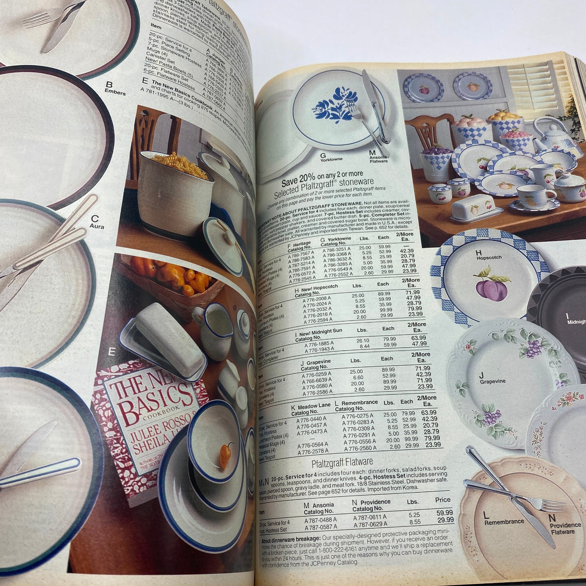 1994 JCPenney Spring and Summer Catalog featuring elegant table settings with pottery and stoneware dishes, highlighting detailed floral designs and various size plates.